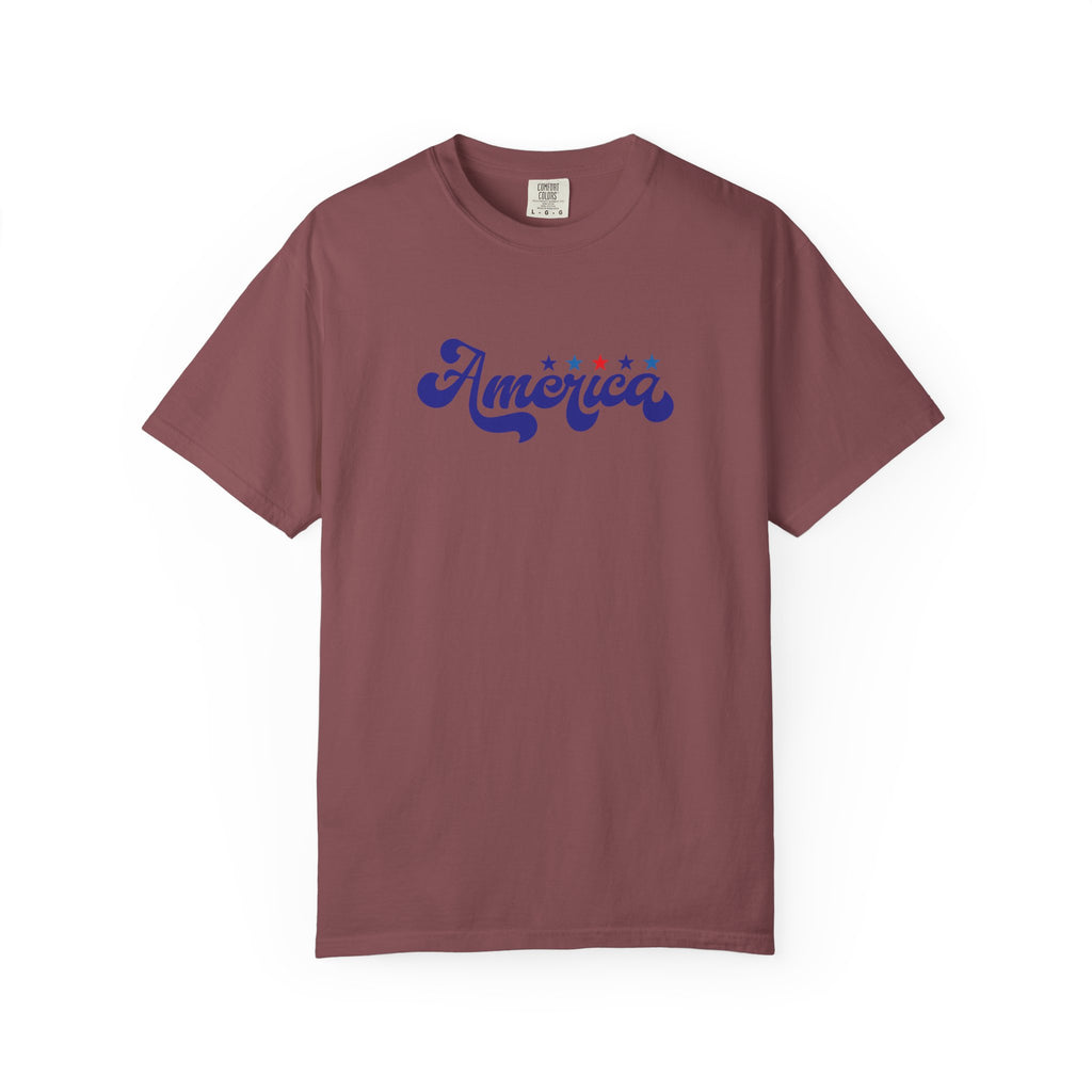 America Script T-Shirt — Patriotic Retro Stars Tee