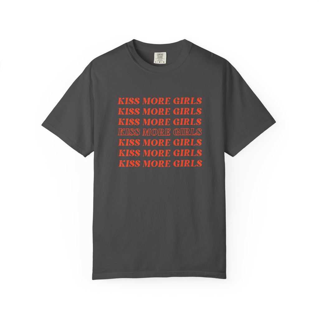 Kiss More Girls T‑Shirt — Retro Repeated Text Pride Tee