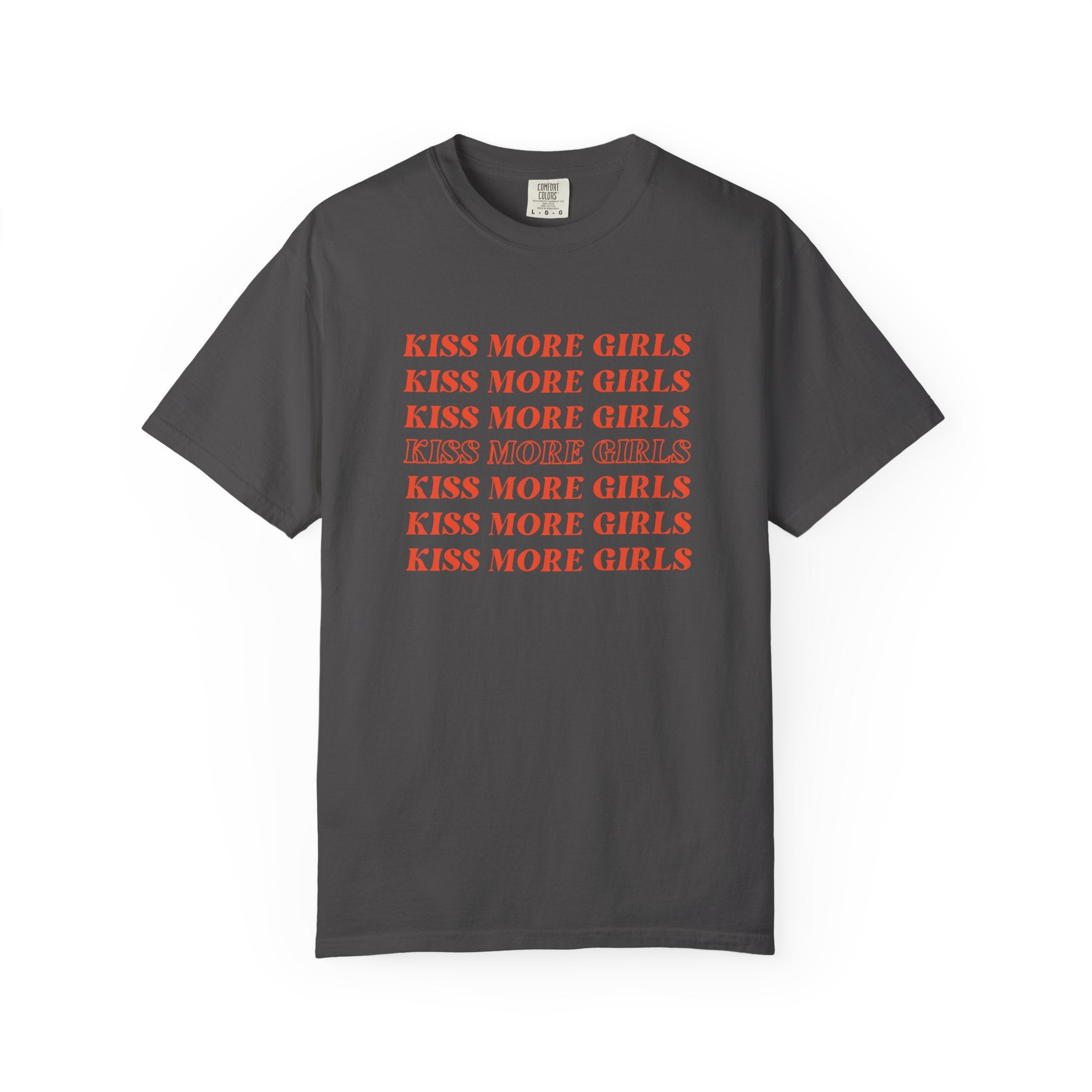Kiss More Girls T‑Shirt — Retro Repeated Text Pride Tee