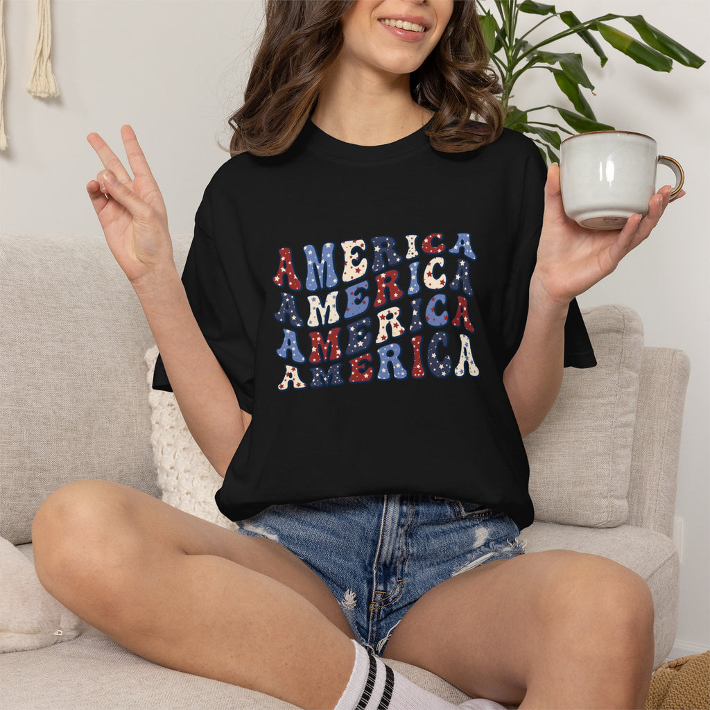 America Repeat Graphic T-Shirt — Retro Red & Blue Patriotic Tee