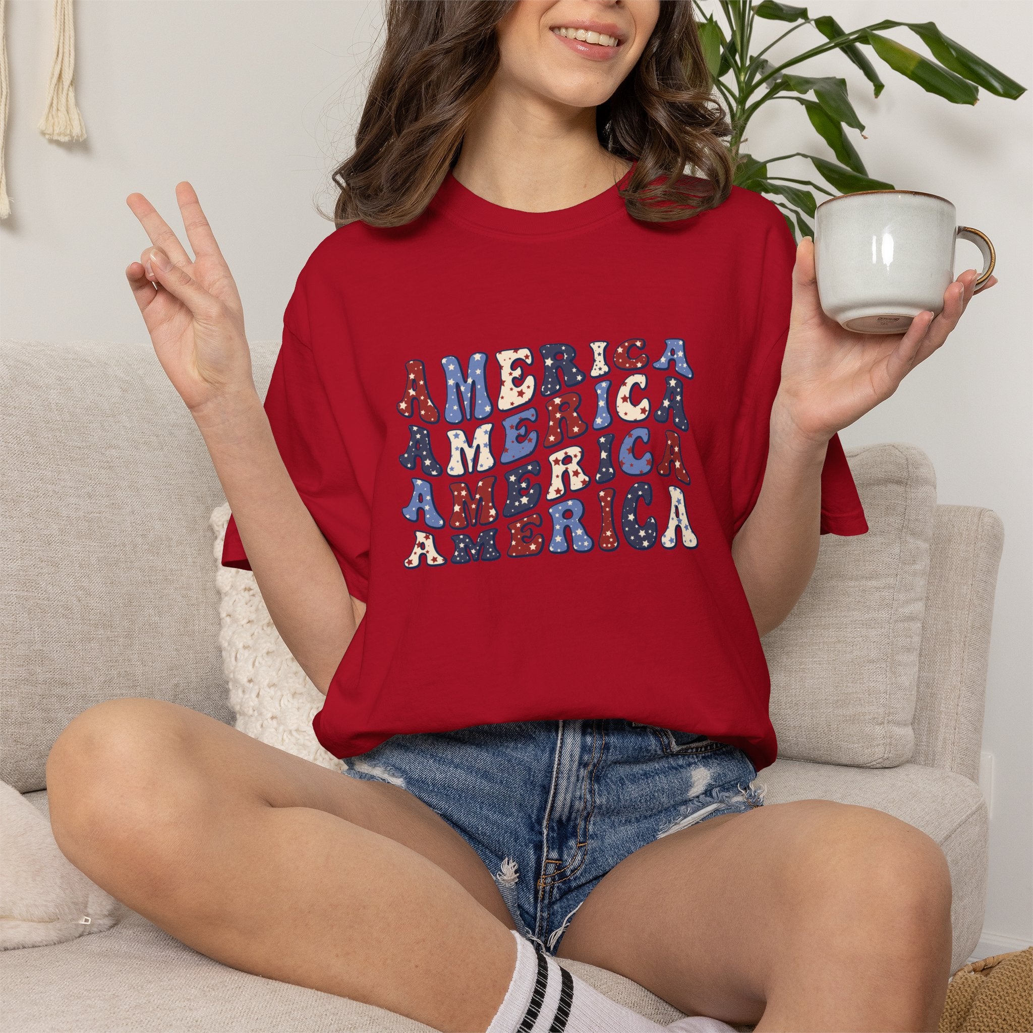 America Repeat Graphic T-Shirt — Retro Red & Blue Patriotic Tee