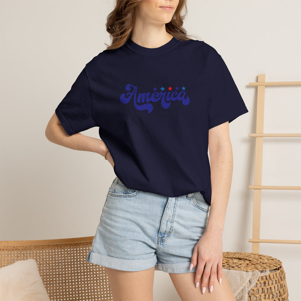 America Script T-Shirt — Patriotic Retro Stars Tee