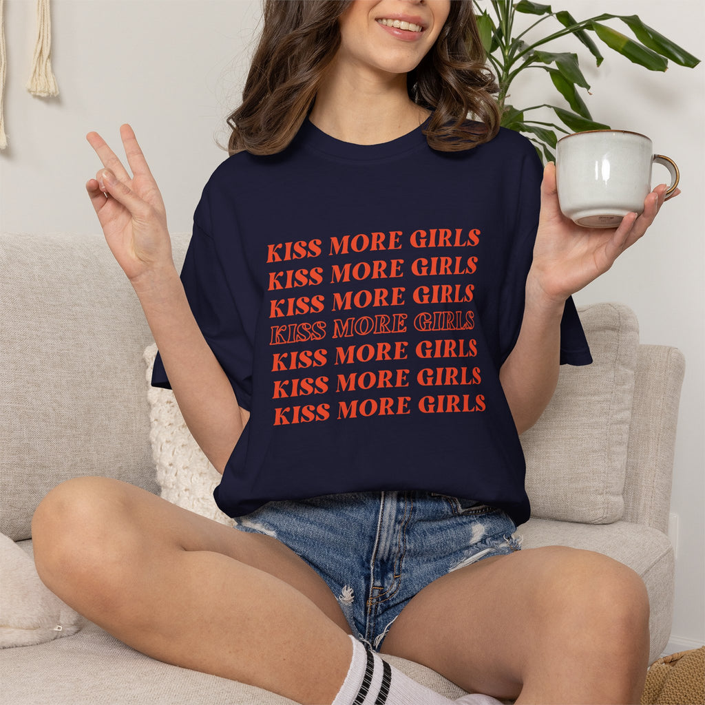Kiss More Girls T‑Shirt — Retro Repeated Text Pride Tee