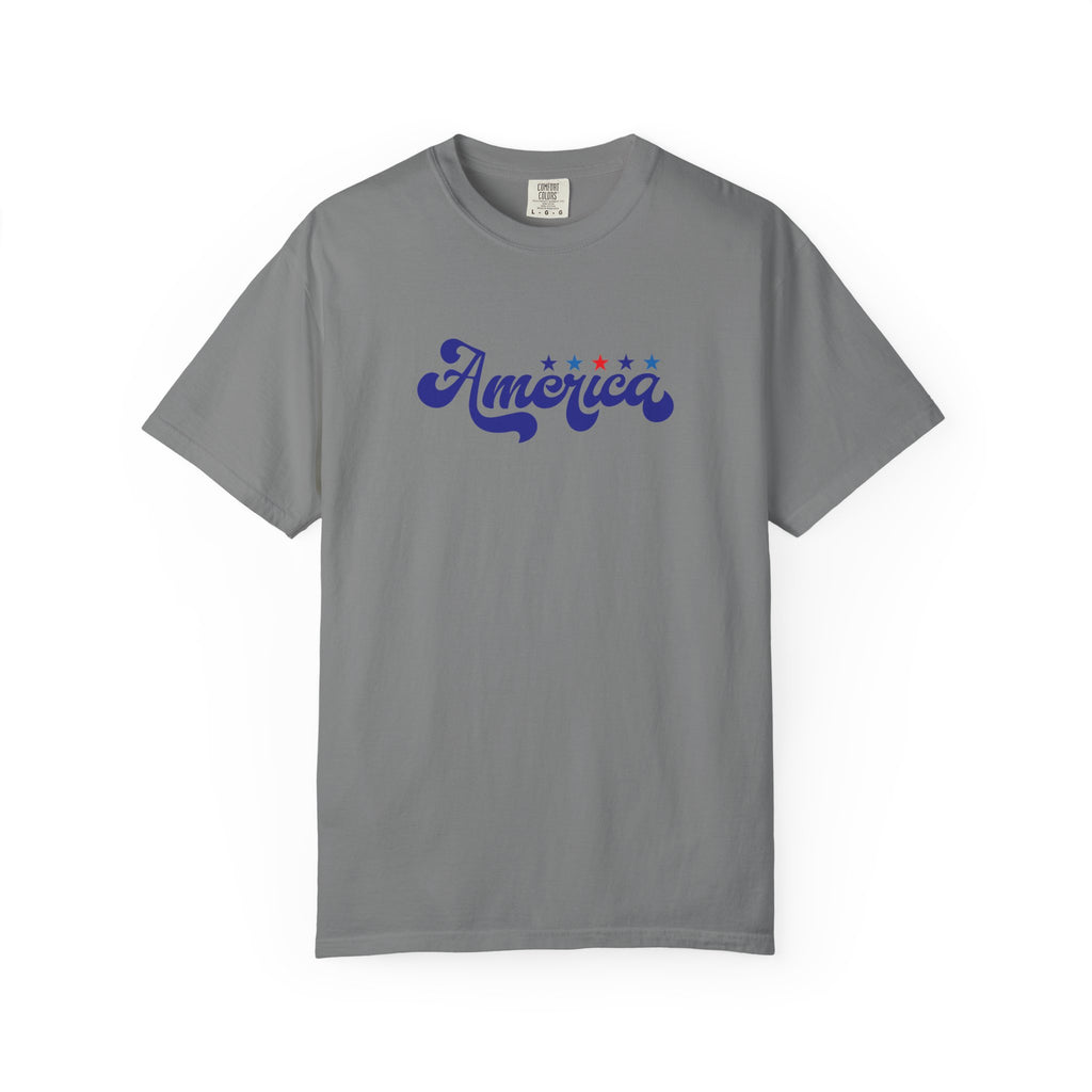 America Script T-Shirt — Patriotic Retro Stars Tee