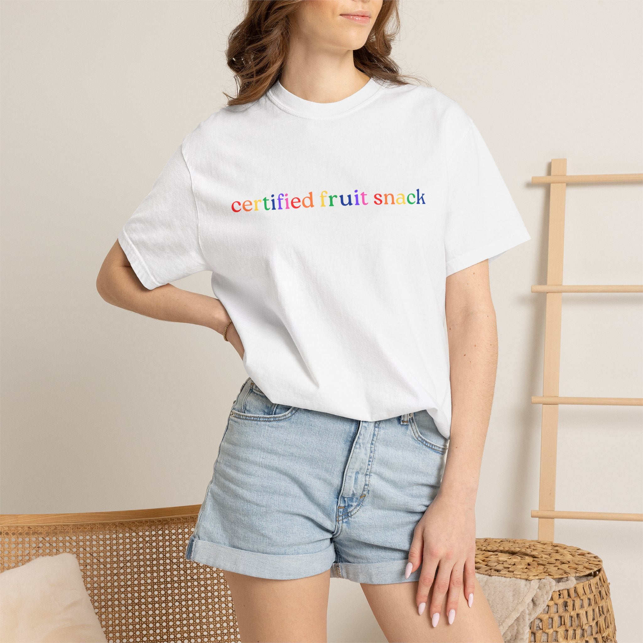 Certified Fruit Snack T-Shirt — Rainbow Text Casual Tee