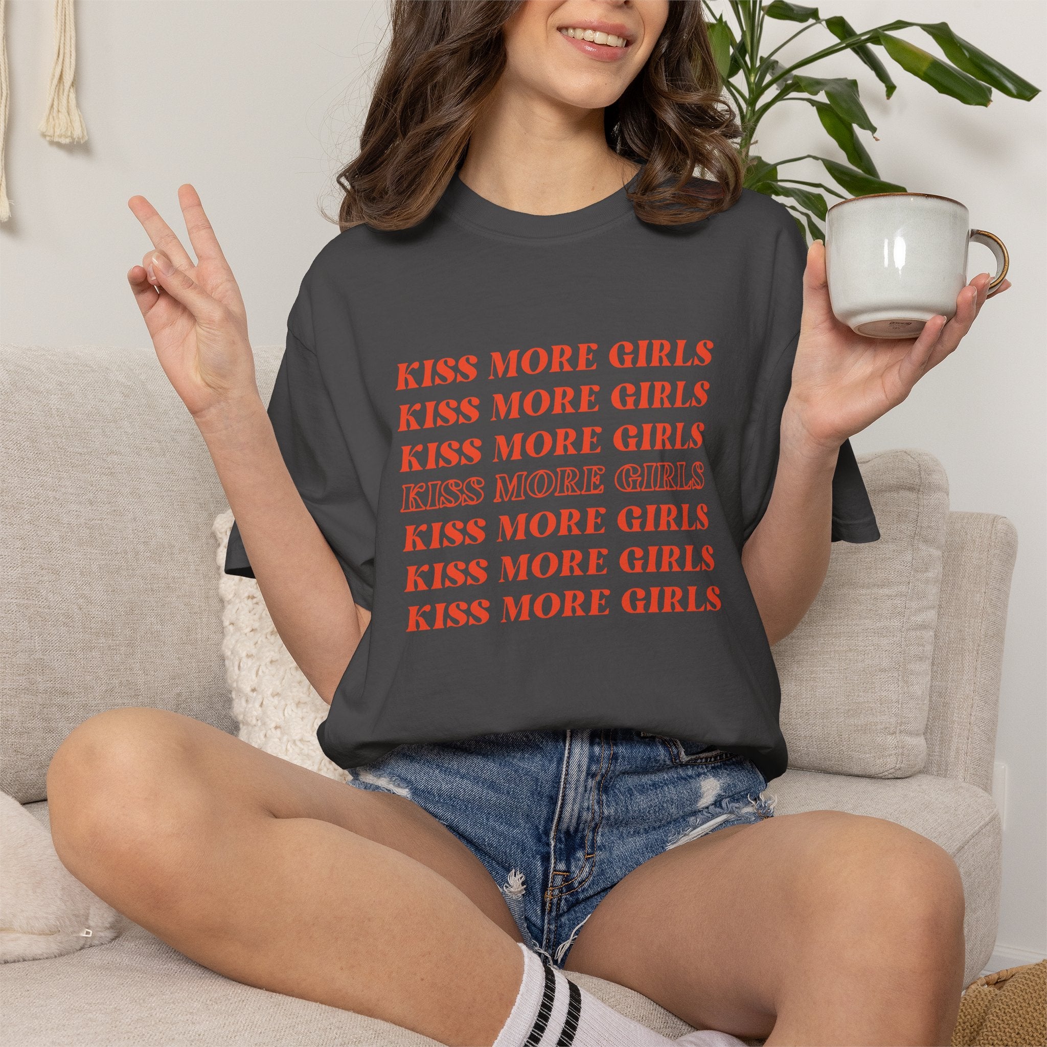 Kiss More Girls T‑Shirt — Retro Repeated Text Pride Tee