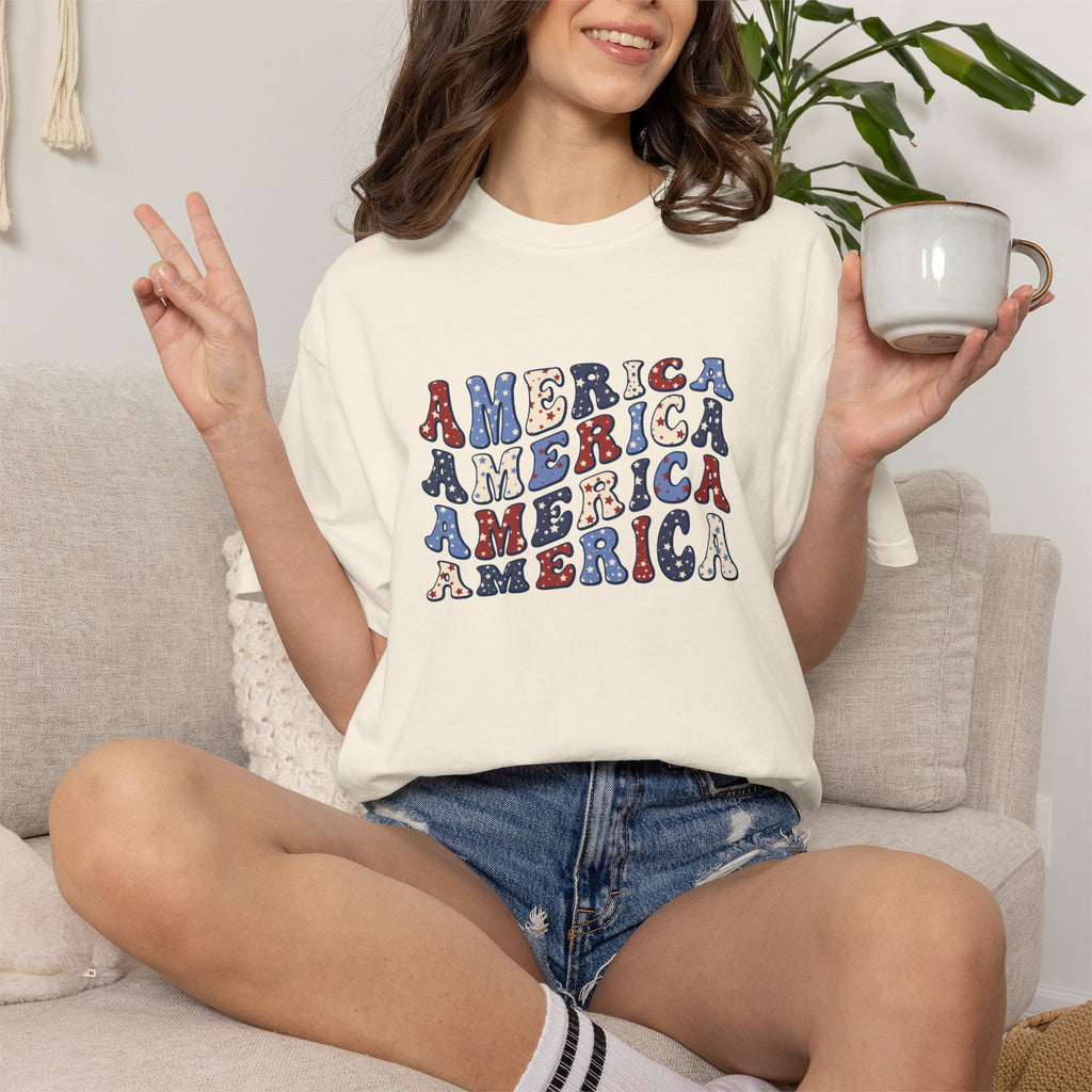 America Repeat Graphic T-Shirt — Retro Red & Blue Patriotic Tee