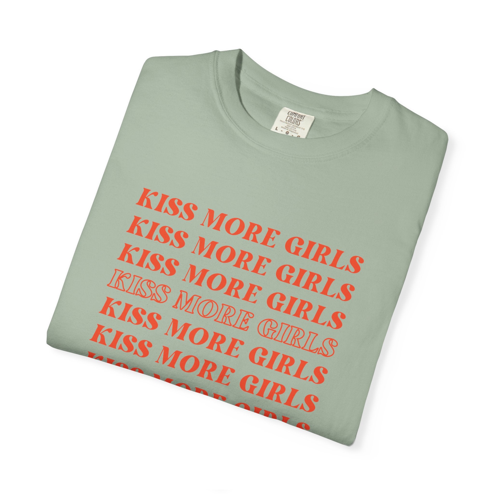 Kiss More Girls T‑Shirt — Retro Repeated Text Pride Tee