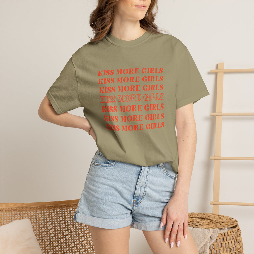 Kiss More Girls T‑Shirt — Retro Repeated Text Pride Tee