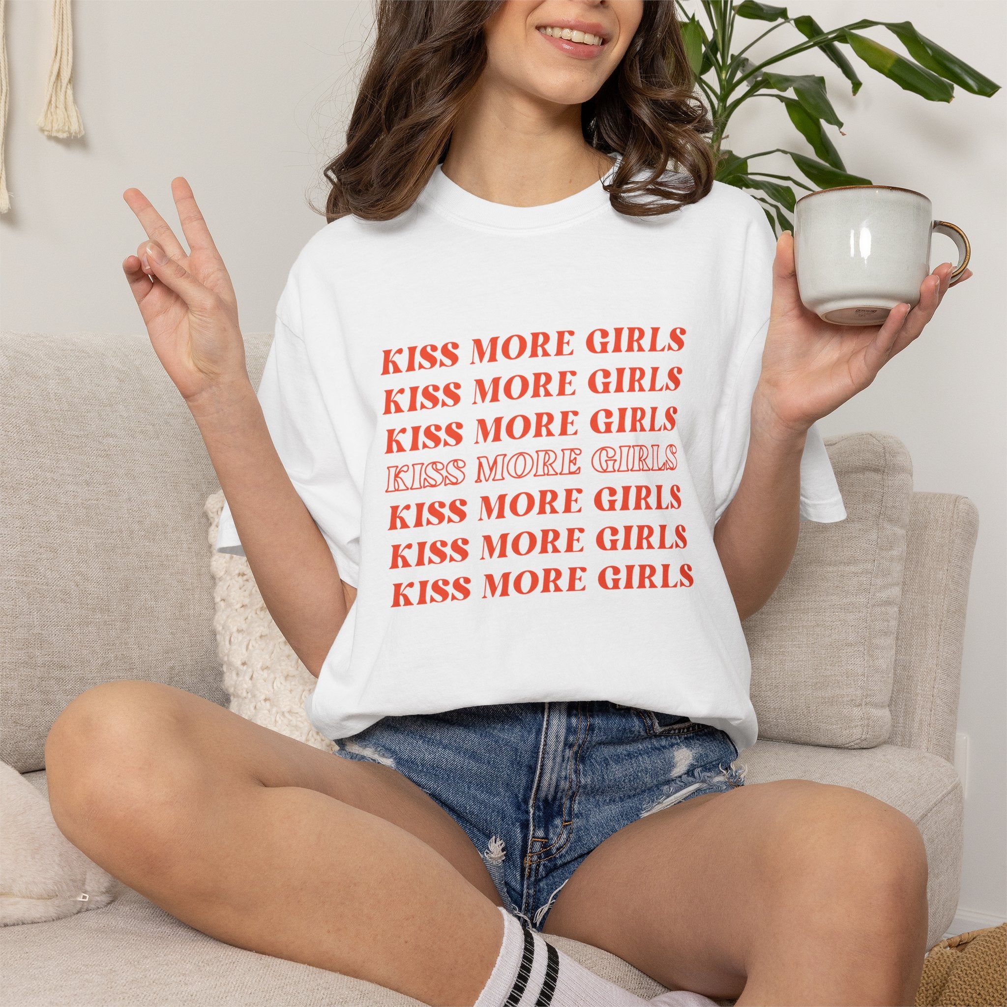 Kiss More Girls T‑Shirt — Retro Repeated Text Pride Tee