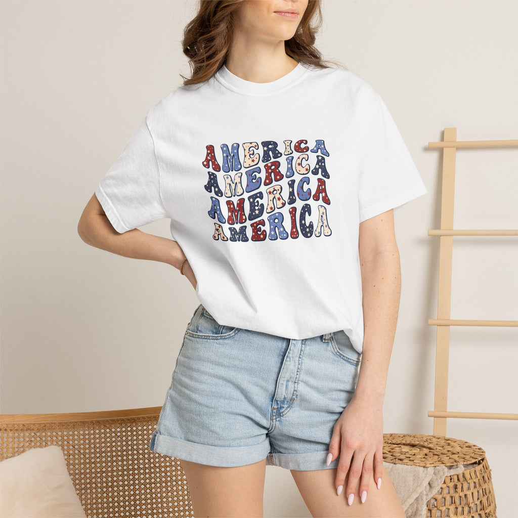 America Repeat Graphic T-Shirt — Retro Red & Blue Patriotic Tee