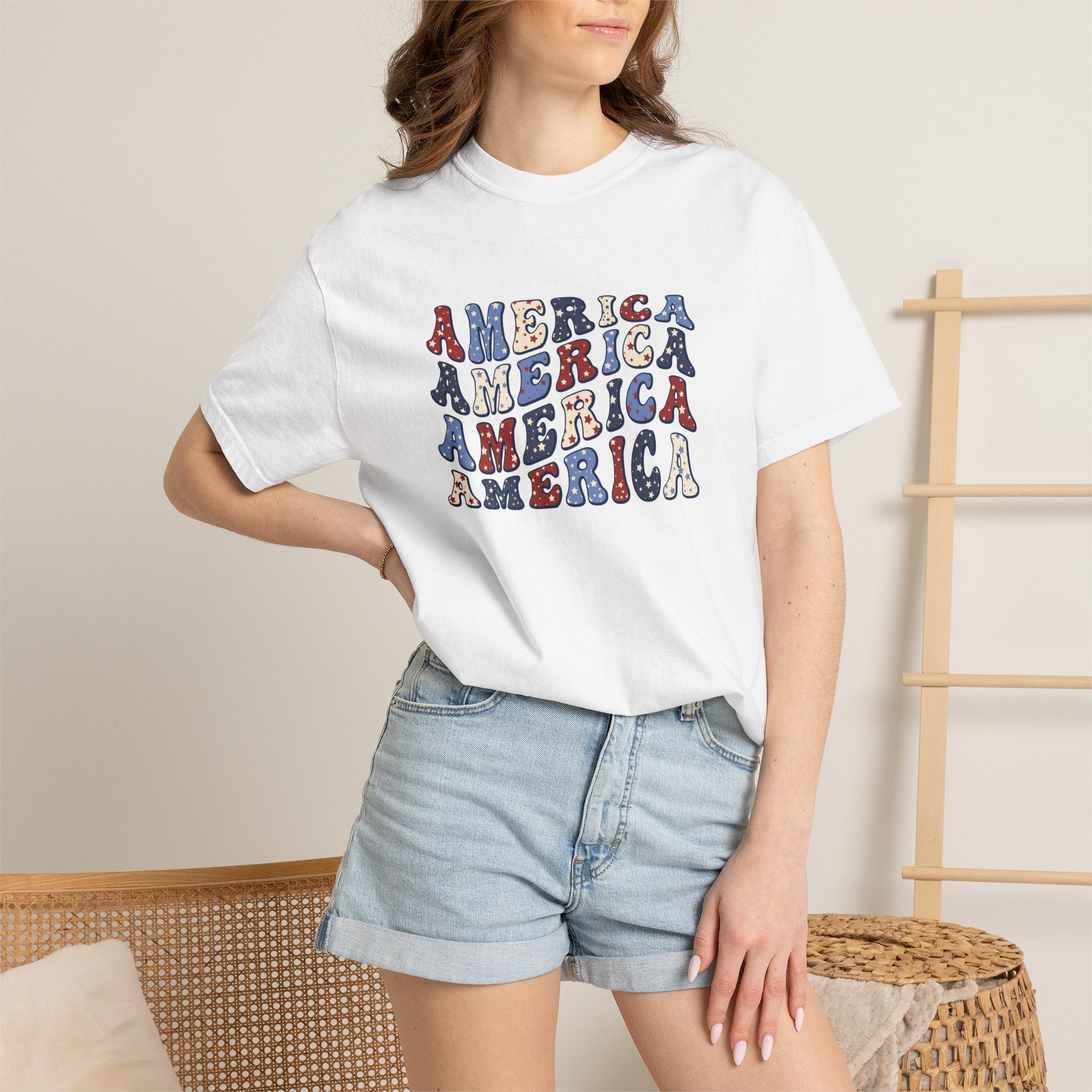 America Repeat Graphic T-Shirt — Retro Red & Blue Patriotic Tee