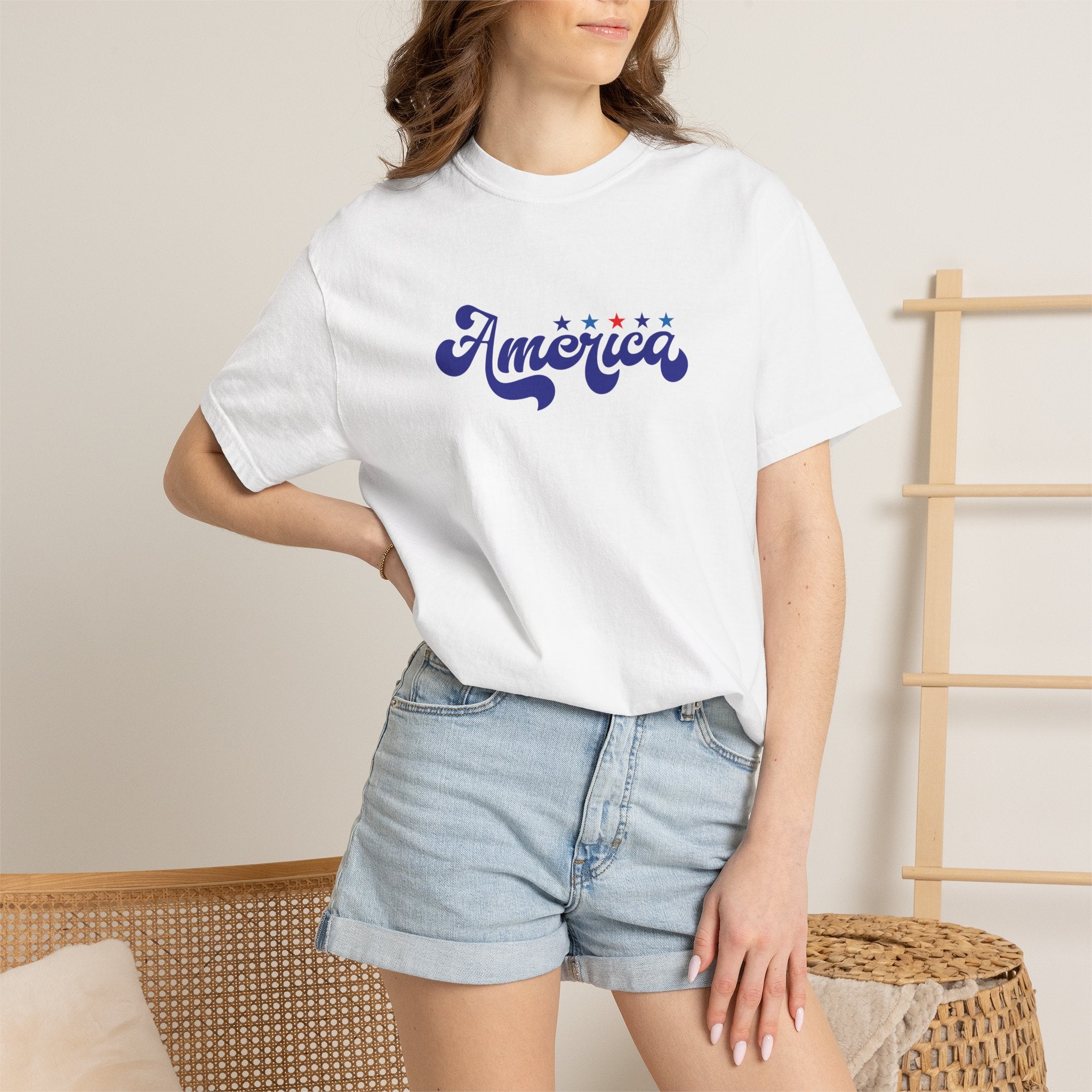 America Script T-Shirt — Patriotic Retro Stars Tee