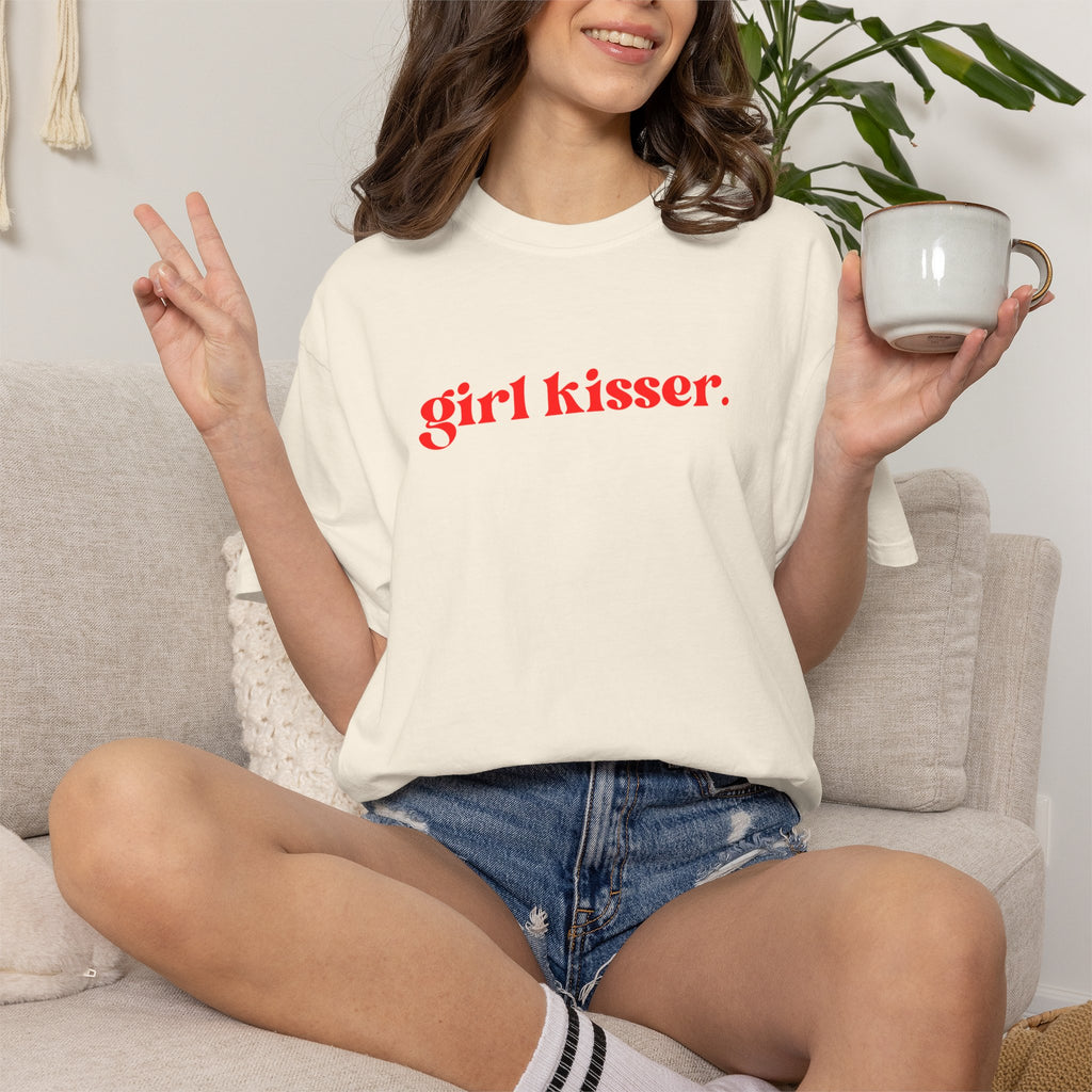 Girl Kisser T‑Shirt — White Tee with Red Script