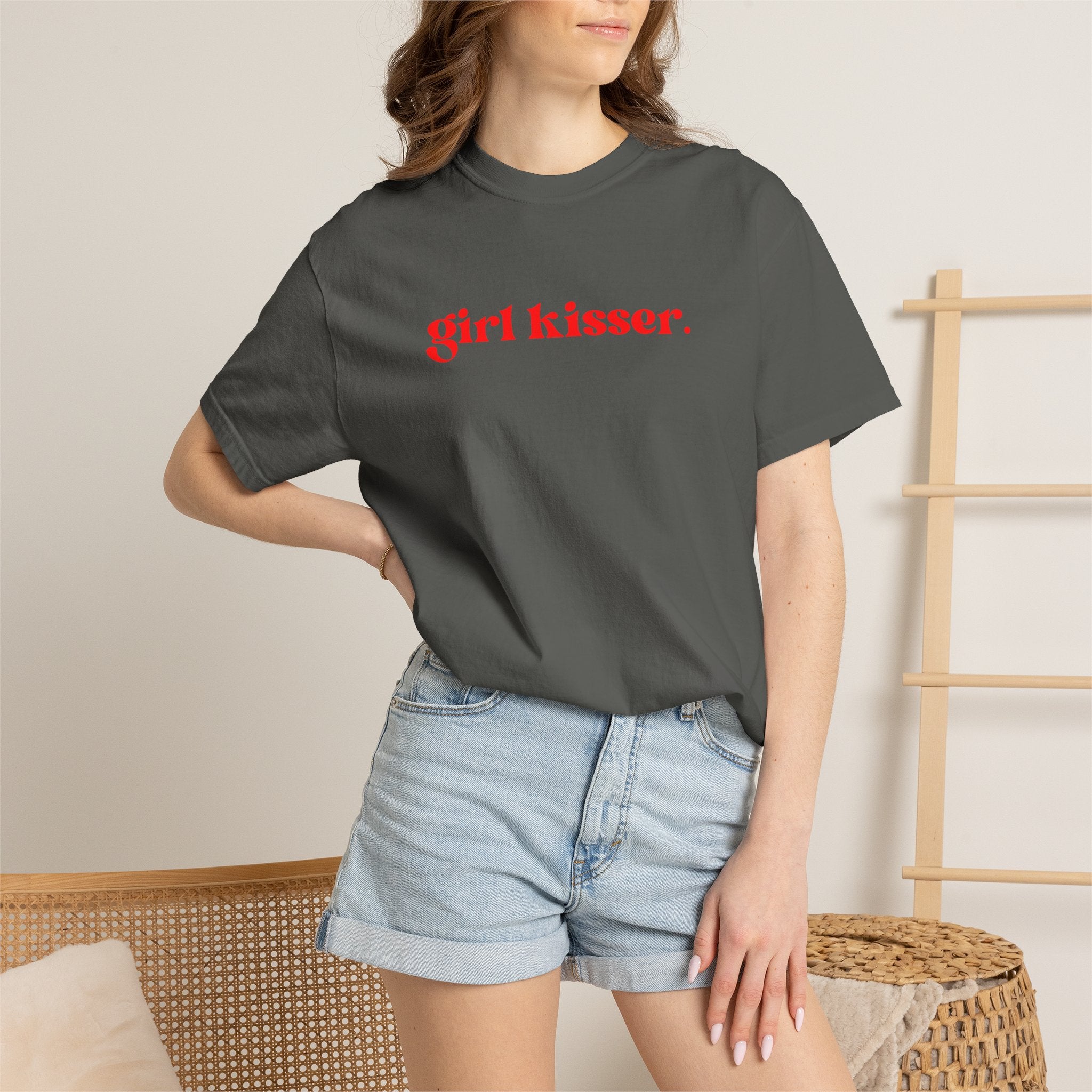 Girl Kisser T‑Shirt — White Tee with Red Script