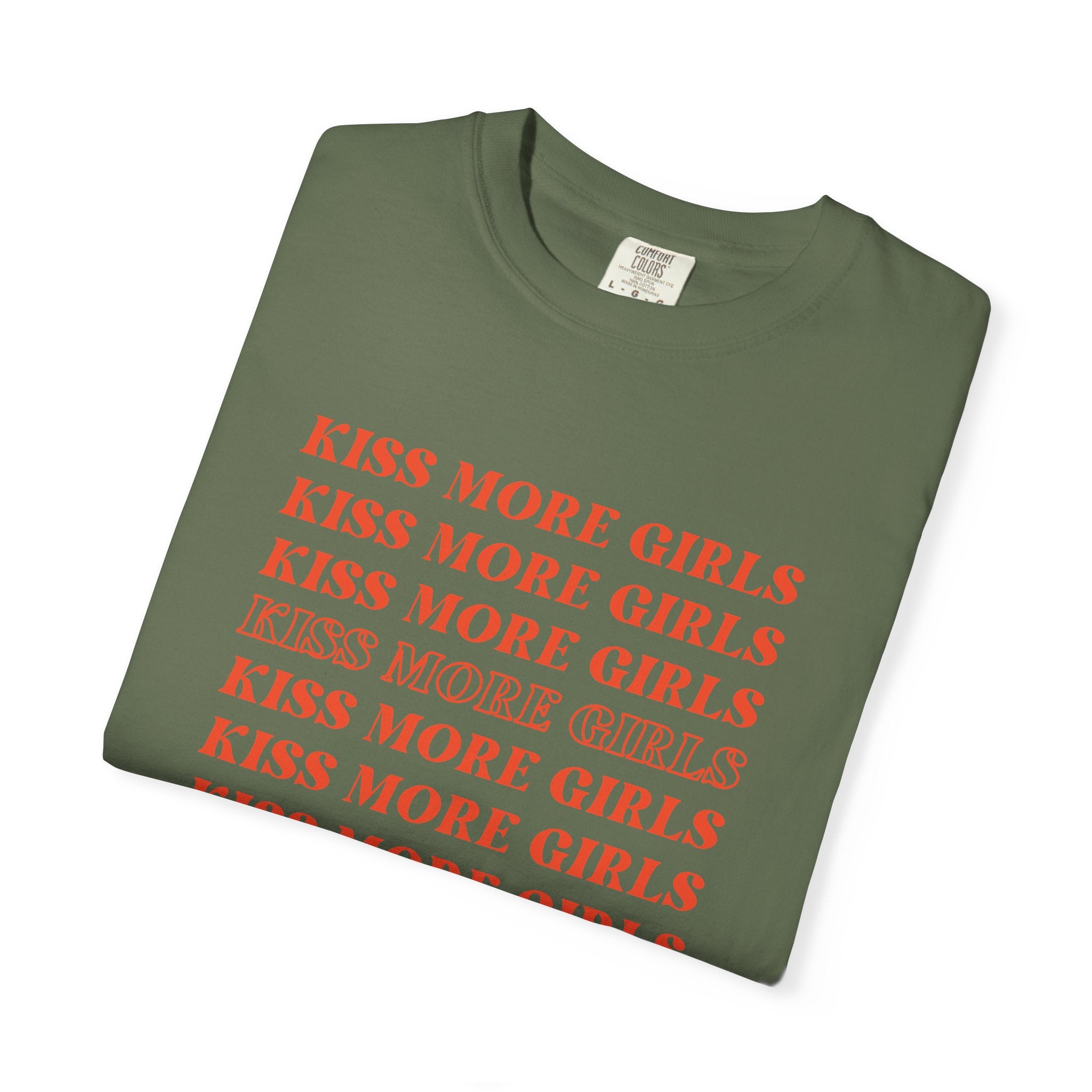 Kiss More Girls T‑Shirt — Retro Repeated Text Pride Tee