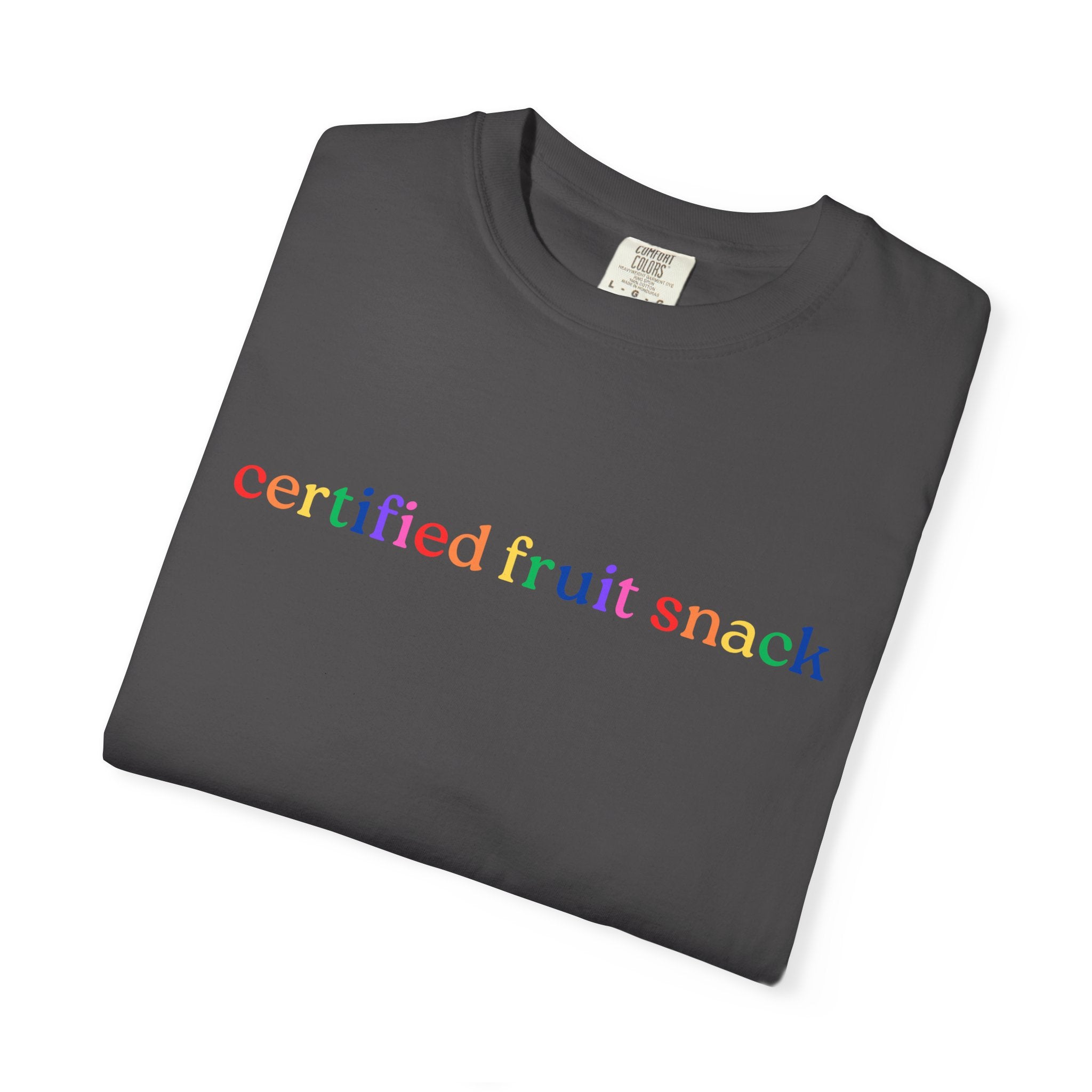 Certified Fruit Snack T-Shirt — Rainbow Text Casual Tee