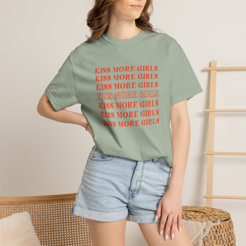 Kiss More Girls T‑Shirt — Retro Repeated Text Pride Tee