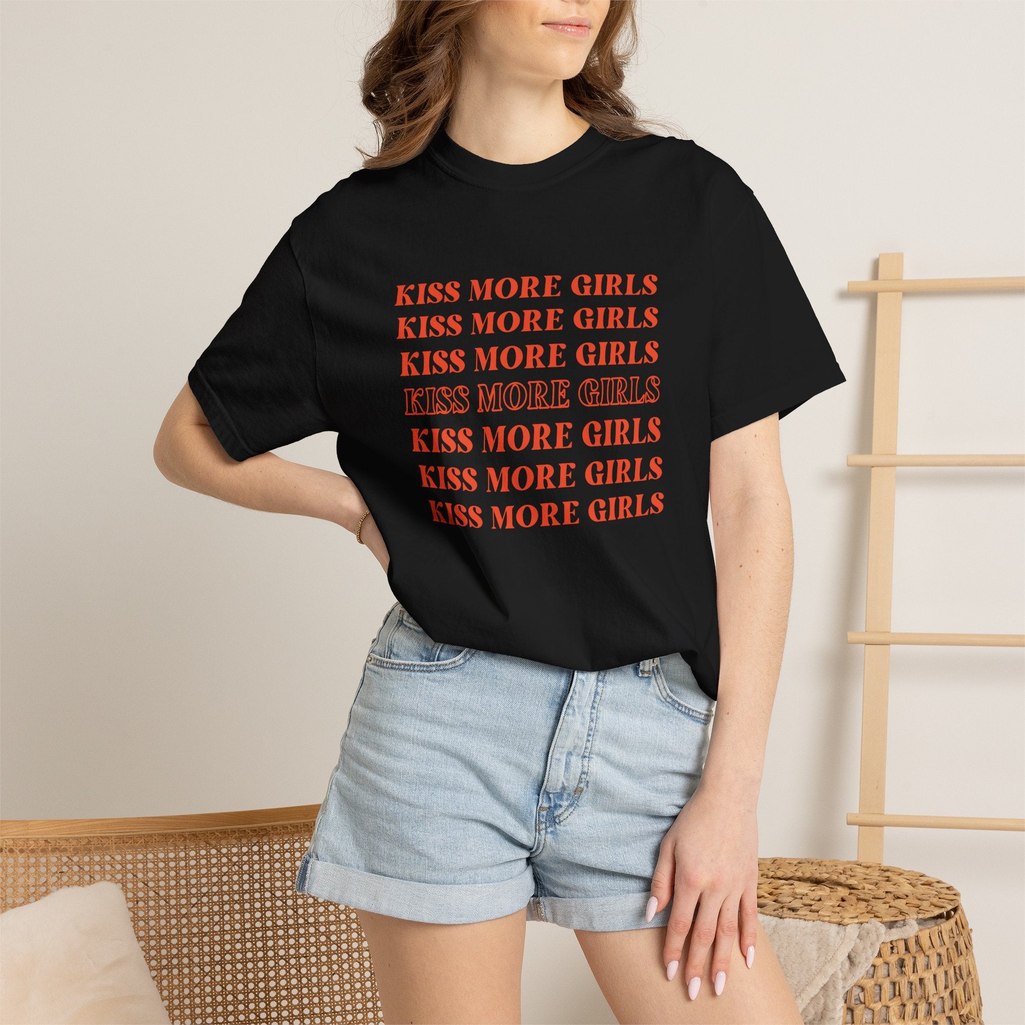 Kiss More Girls T‑Shirt — Retro Repeated Text Pride Tee