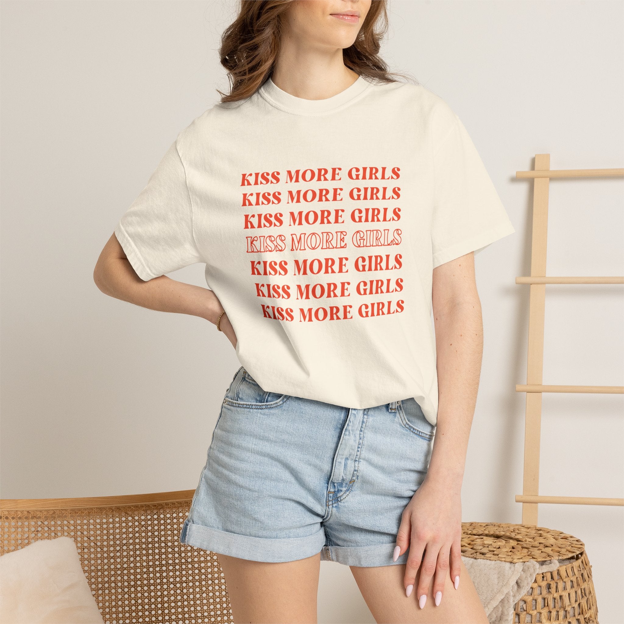 Kiss More Girls T‑Shirt — Retro Repeated Text Pride Tee