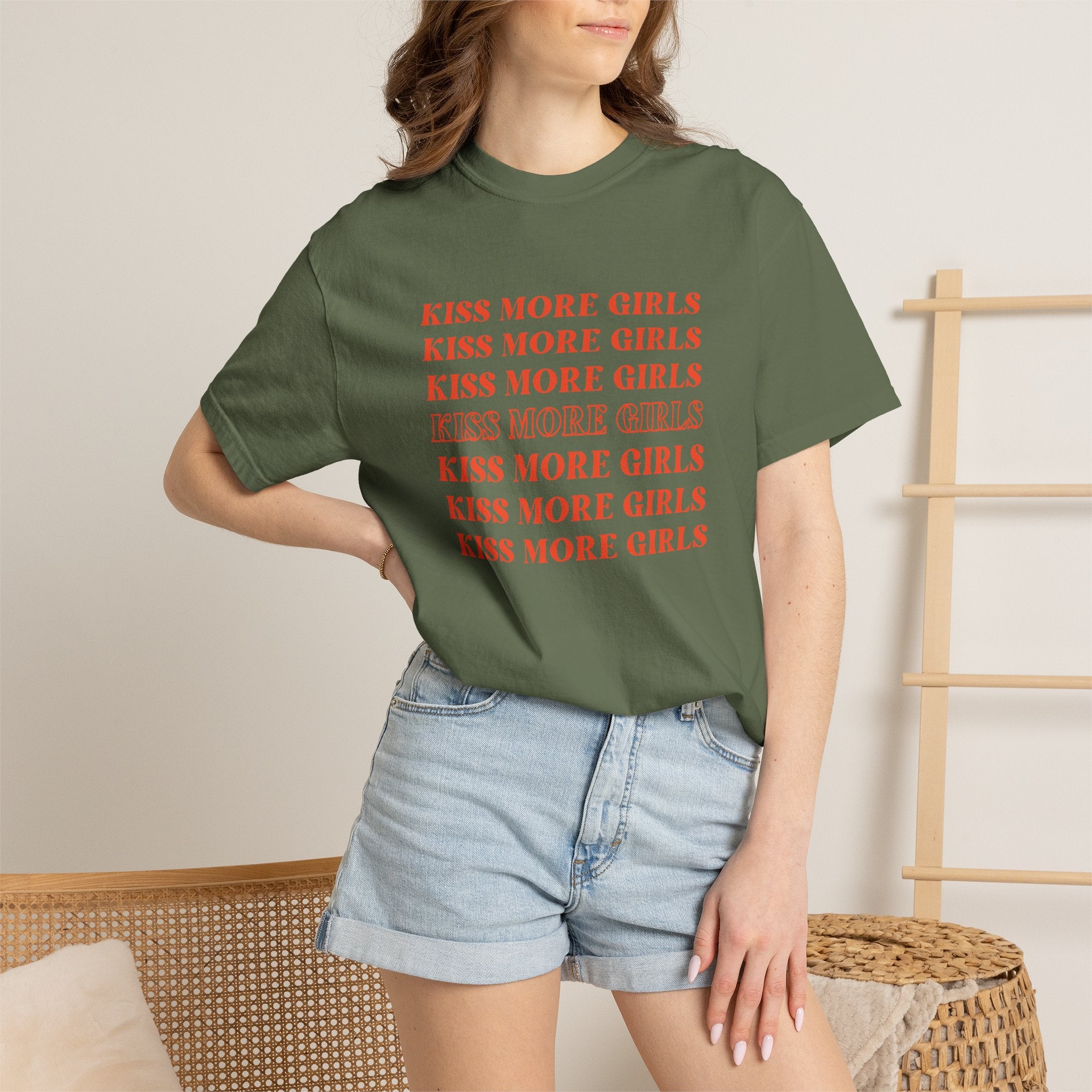 Kiss More Girls T‑Shirt — Retro Repeated Text Pride Tee
