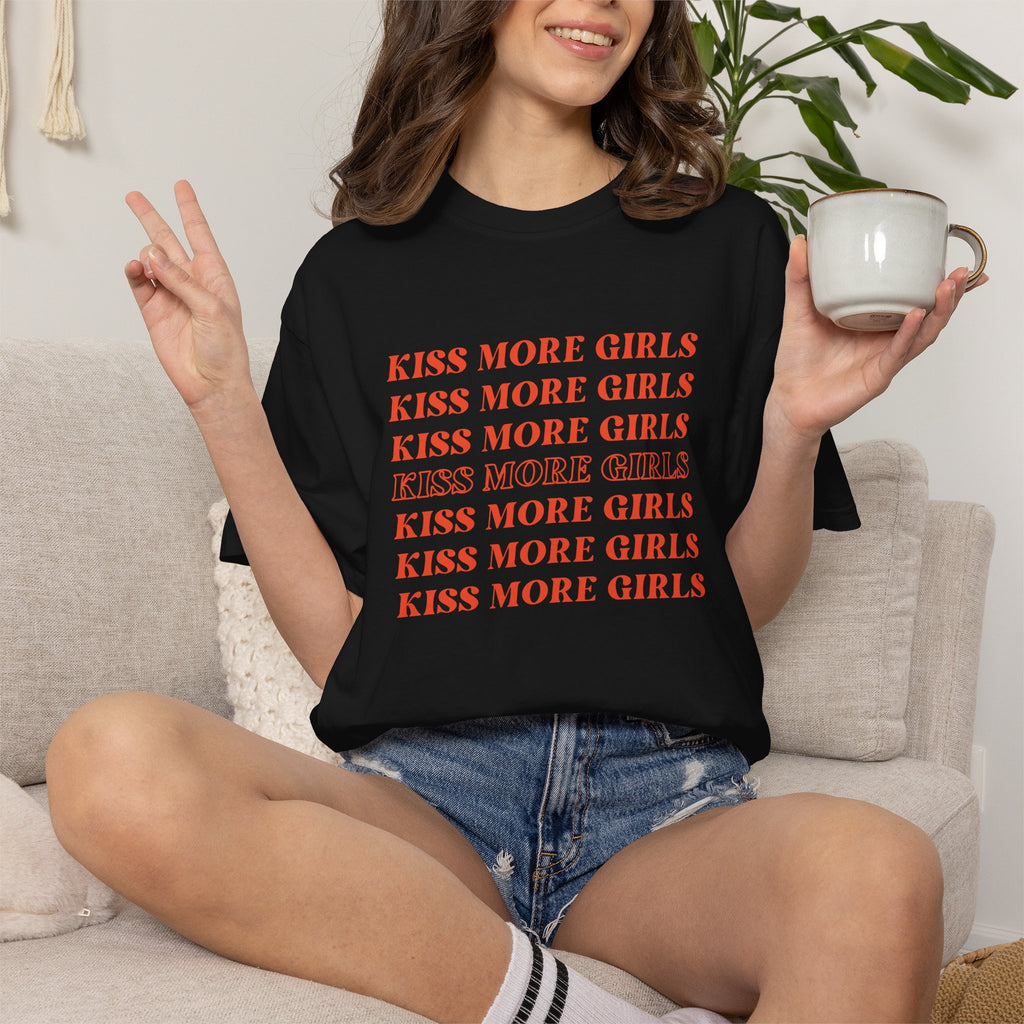 Kiss More Girls T‑Shirt — Retro Repeated Text Pride Tee
