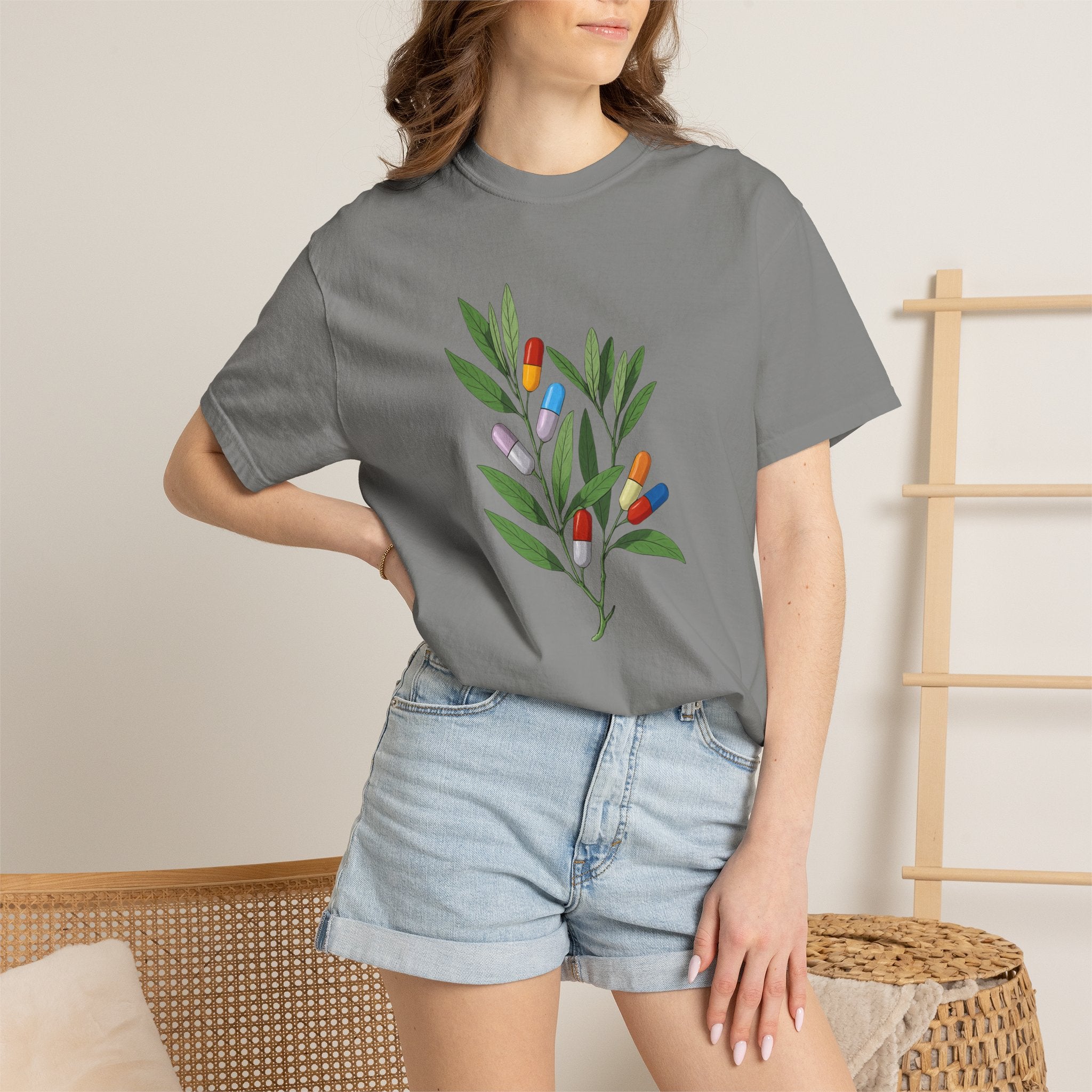 Botanical Floral Tee — Colorful Leaf & Bud Illustration T-Shirt
