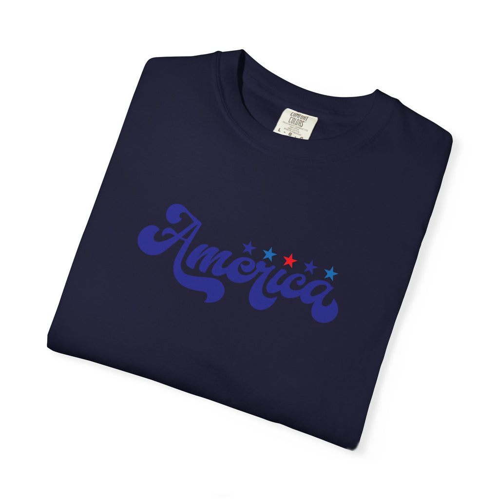 America Script T-Shirt — Patriotic Retro Stars Tee