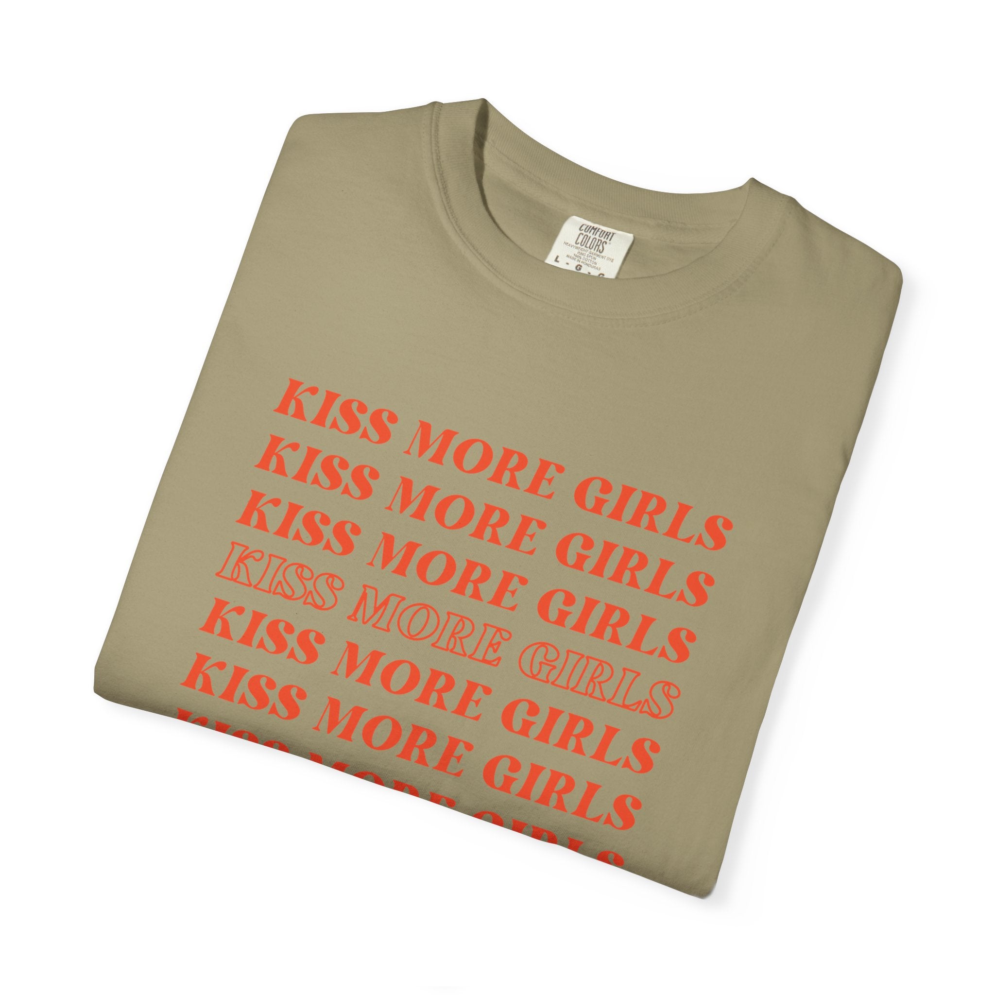 Kiss More Girls T‑Shirt — Retro Repeated Text Pride Tee