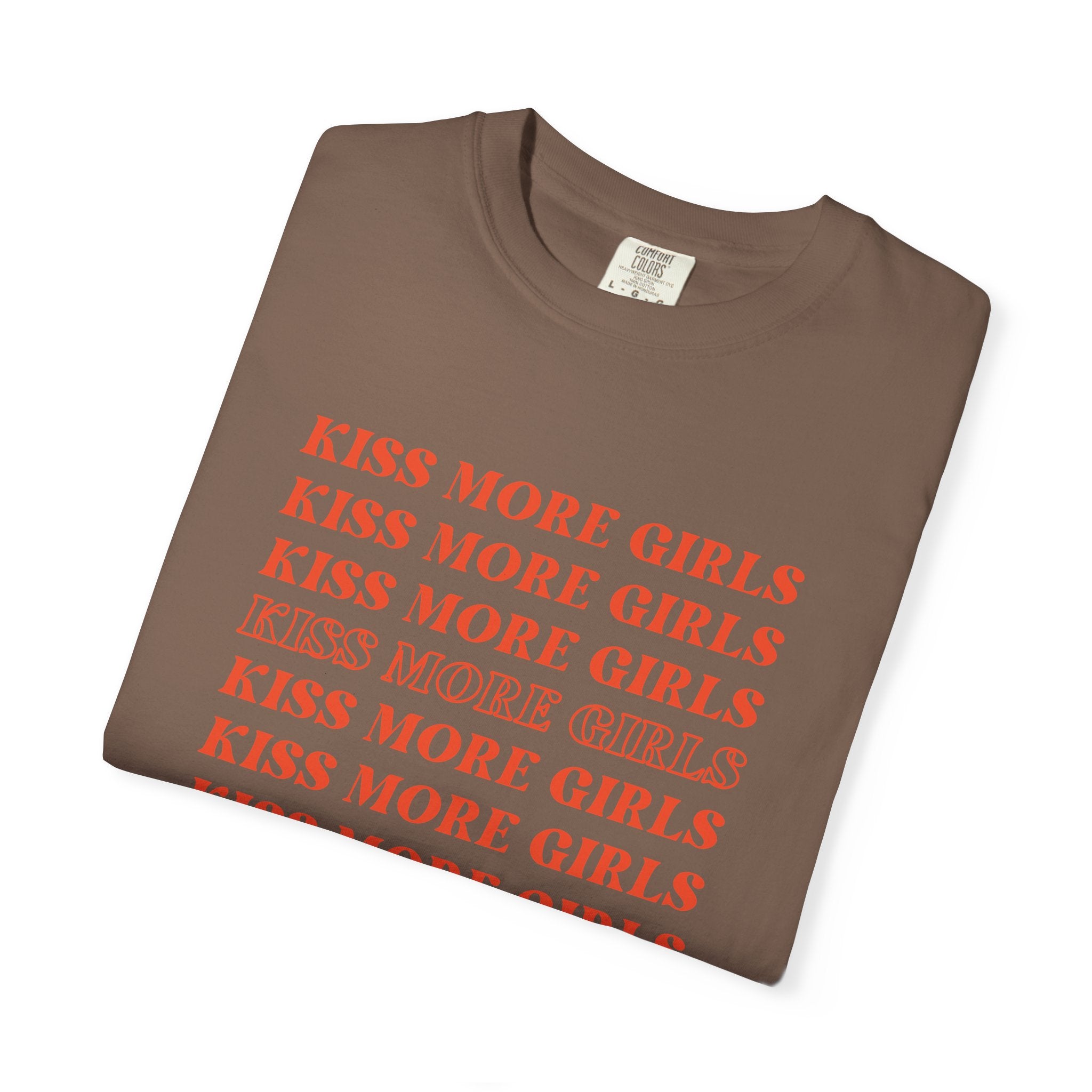 Kiss More Girls T‑Shirt — Retro Repeated Text Pride Tee