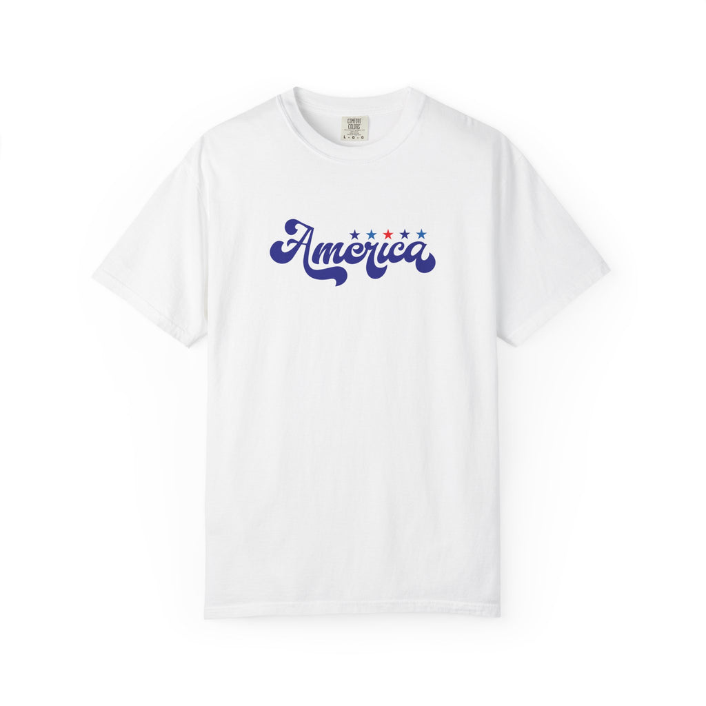 America Script T-Shirt — Patriotic Retro Stars Tee