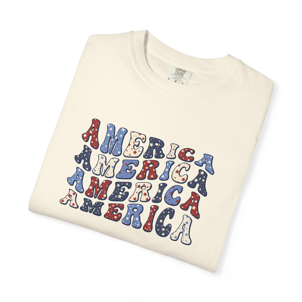 America Repeat Graphic T-Shirt — Retro Red & Blue Patriotic Tee