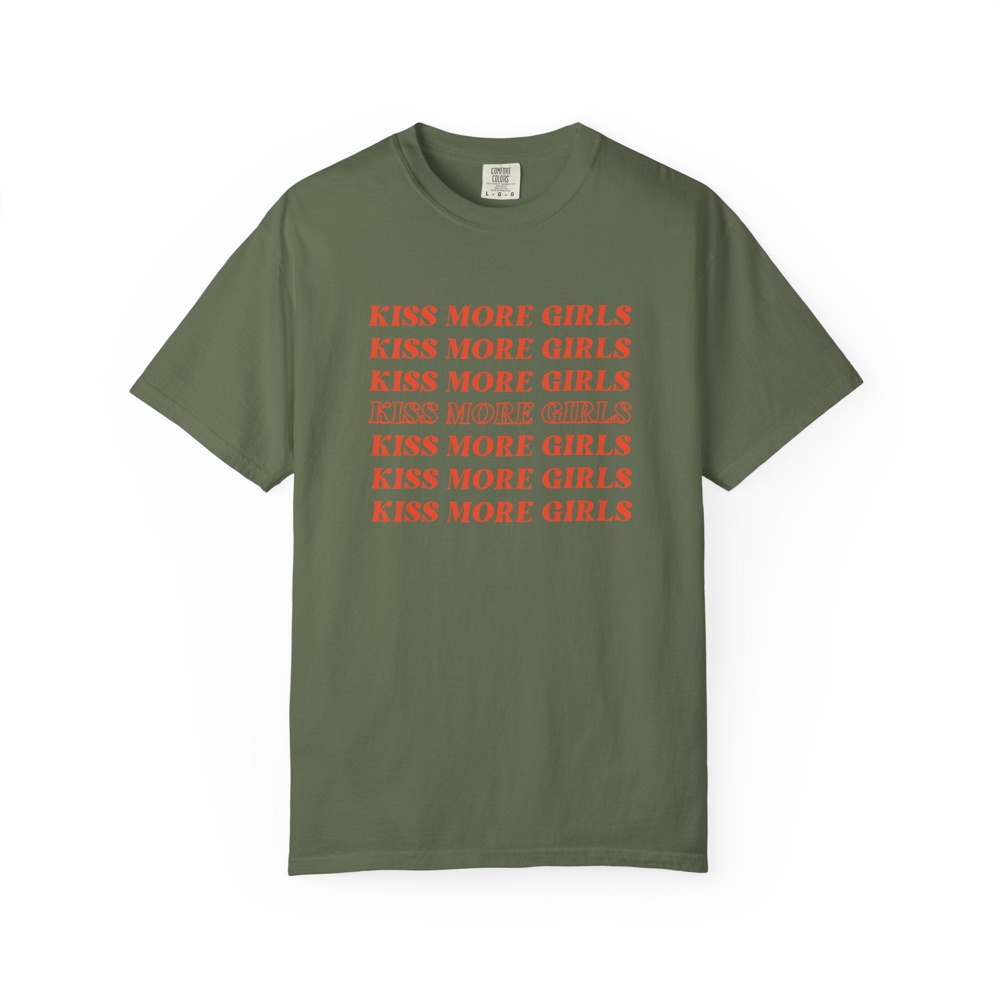 Kiss More Girls T‑Shirt — Retro Repeated Text Pride Tee