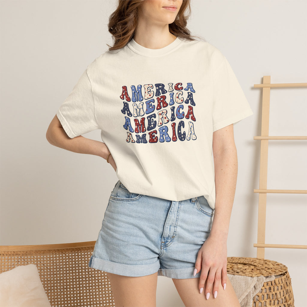 America Repeat Graphic T-Shirt — Retro Red & Blue Patriotic Tee