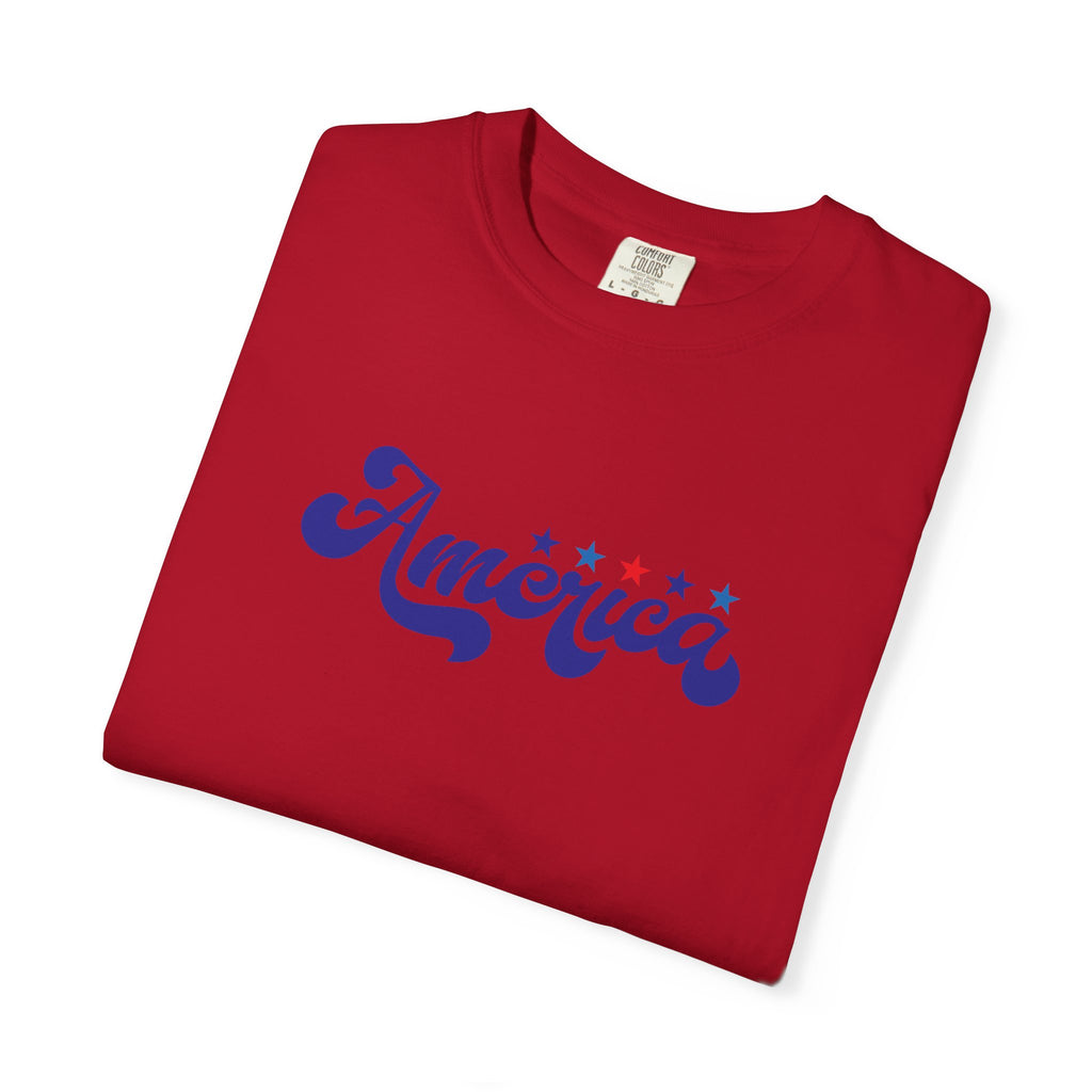 America Script T-Shirt — Patriotic Retro Stars Tee
