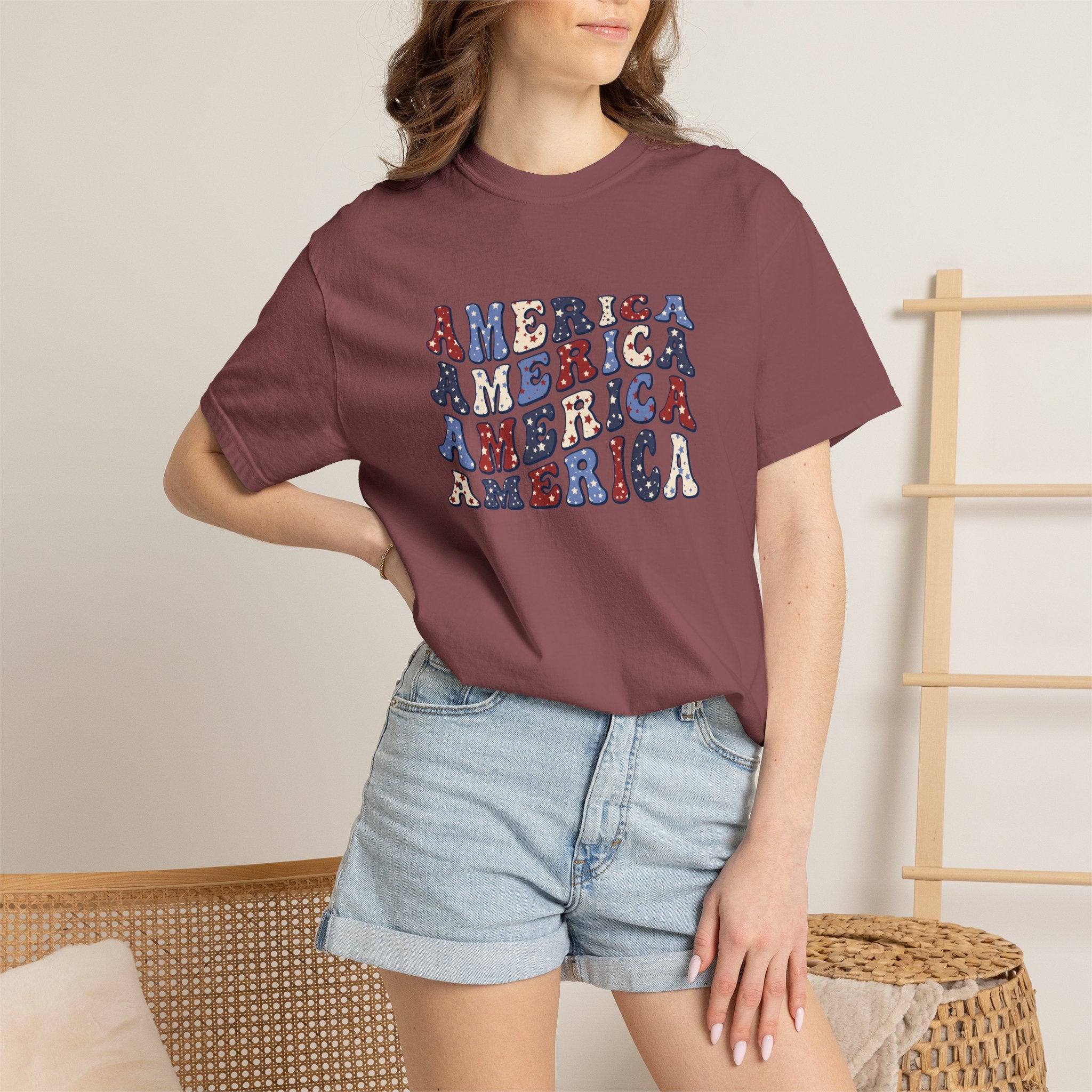 America Repeat Graphic T-Shirt — Retro Red & Blue Patriotic Tee