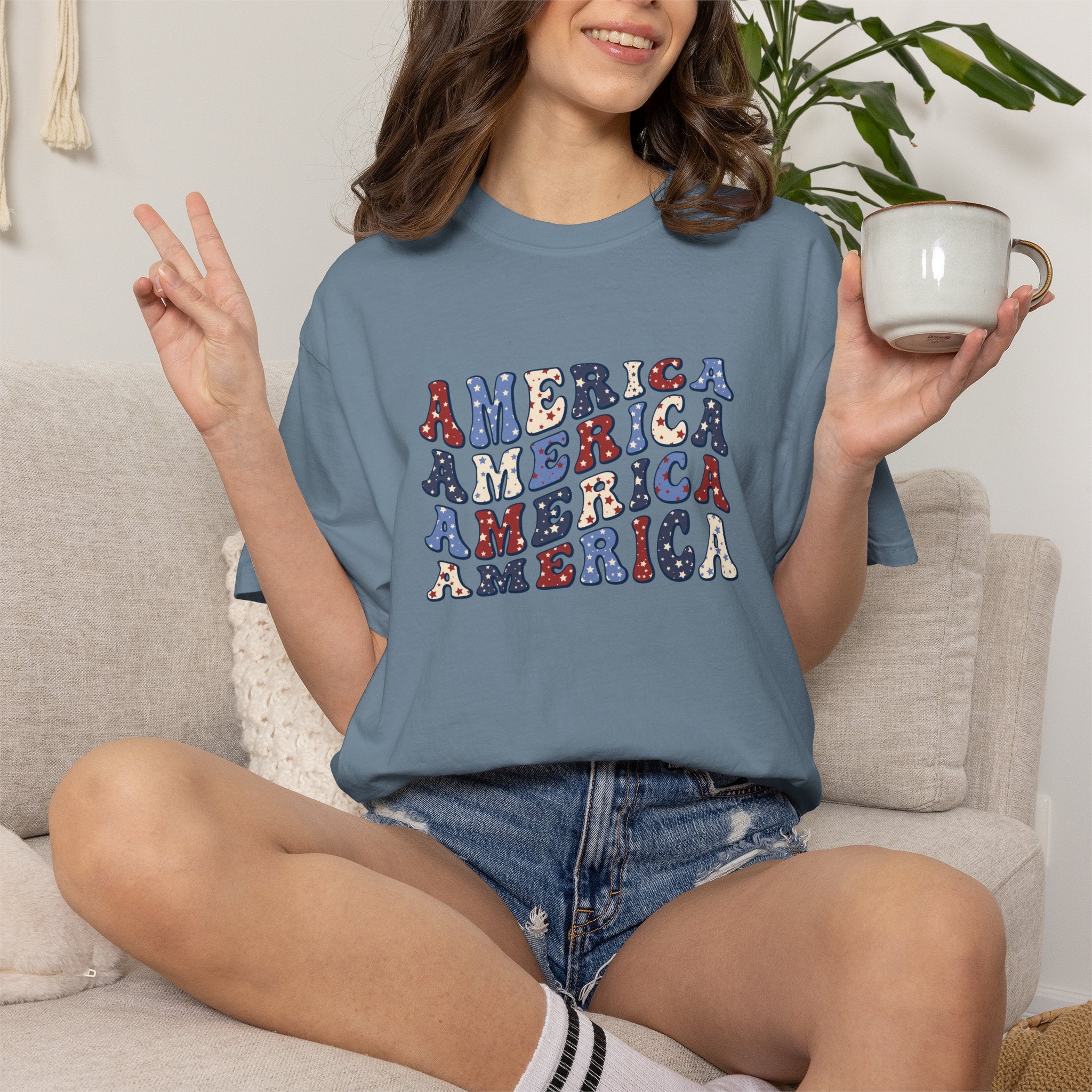 America Repeat Graphic T-Shirt — Retro Red & Blue Patriotic Tee