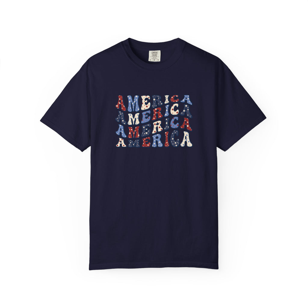 America Repeat Graphic T-Shirt — Retro Red & Blue Patriotic Tee