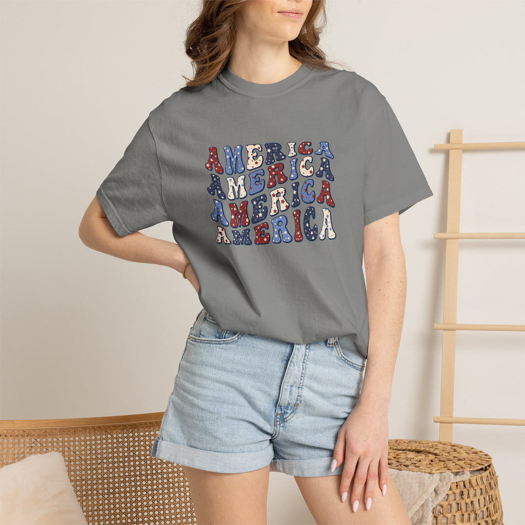 America Repeat Graphic T-Shirt — Retro Red & Blue Patriotic Tee
