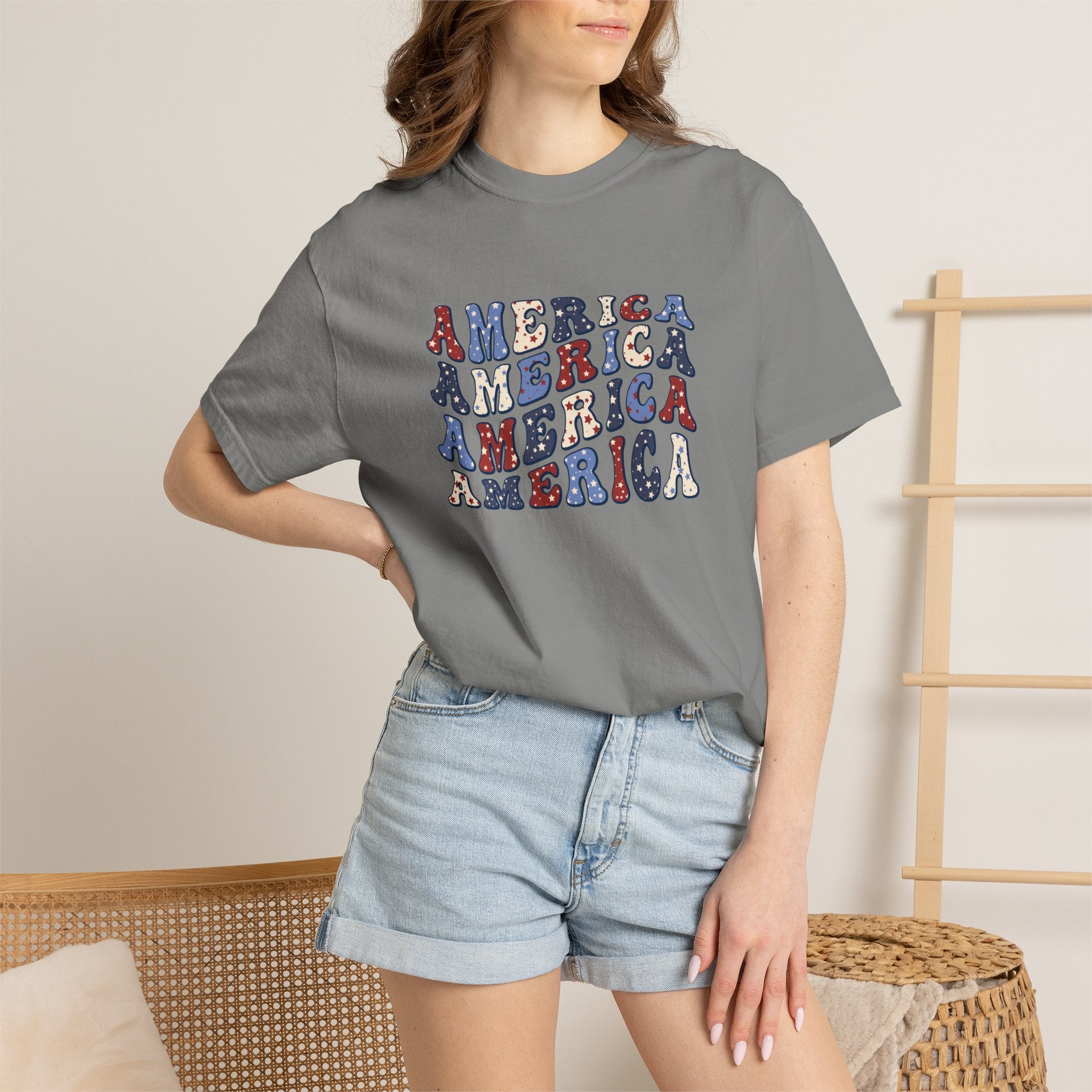 America Repeat Graphic T-Shirt — Retro Red & Blue Patriotic Tee