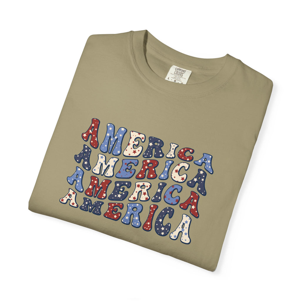 America Repeat Graphic T-Shirt — Retro Red & Blue Patriotic Tee