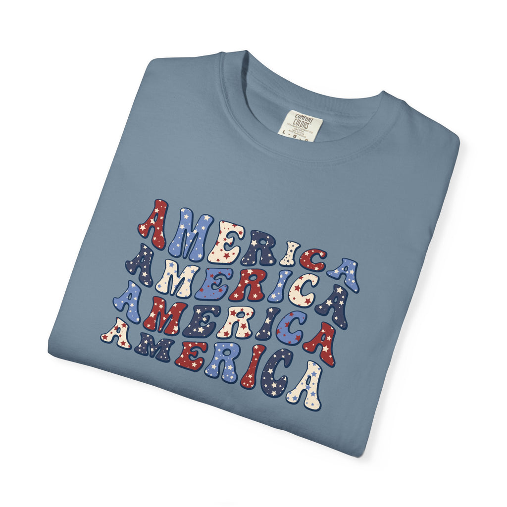 America Repeat Graphic T-Shirt — Retro Red & Blue Patriotic Tee