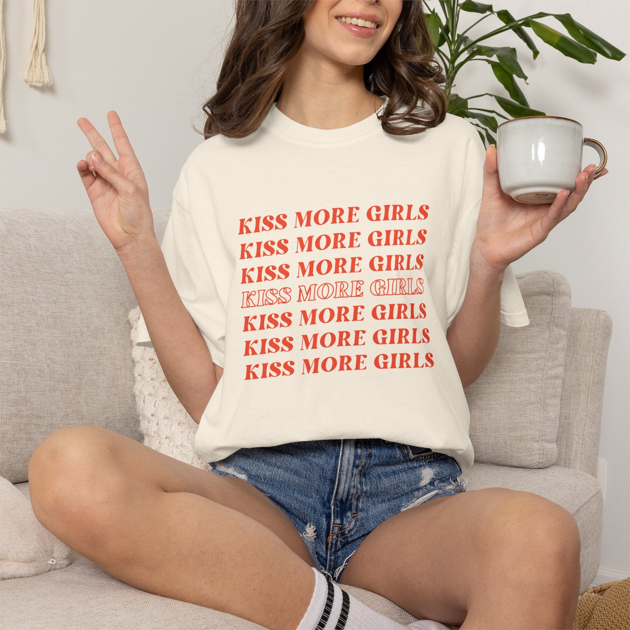 Kiss More Girls T‑Shirt — Retro Repeated Text Pride Tee