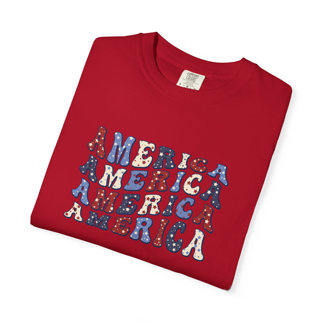 America Repeat Graphic T-Shirt — Retro Red & Blue Patriotic Tee