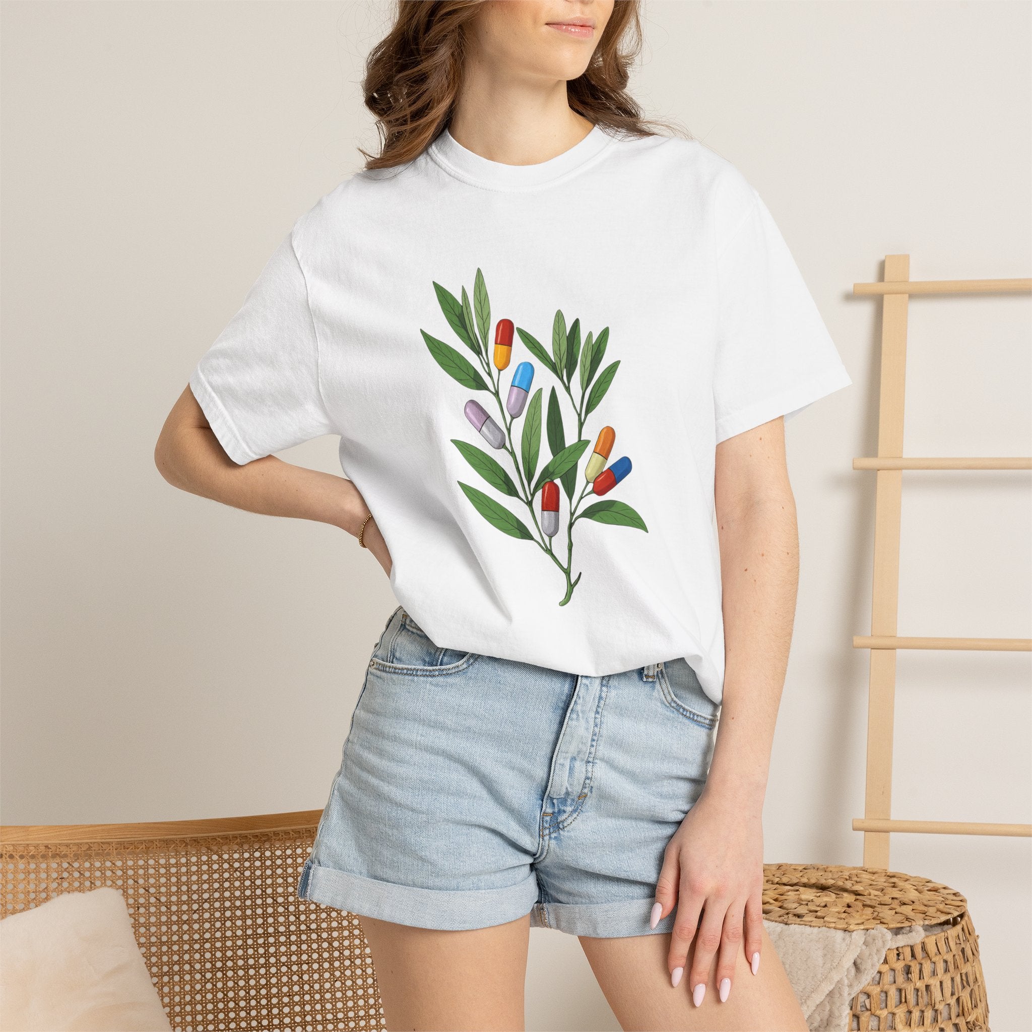 Botanical Floral Tee — Colorful Leaf & Bud Illustration T-Shirt