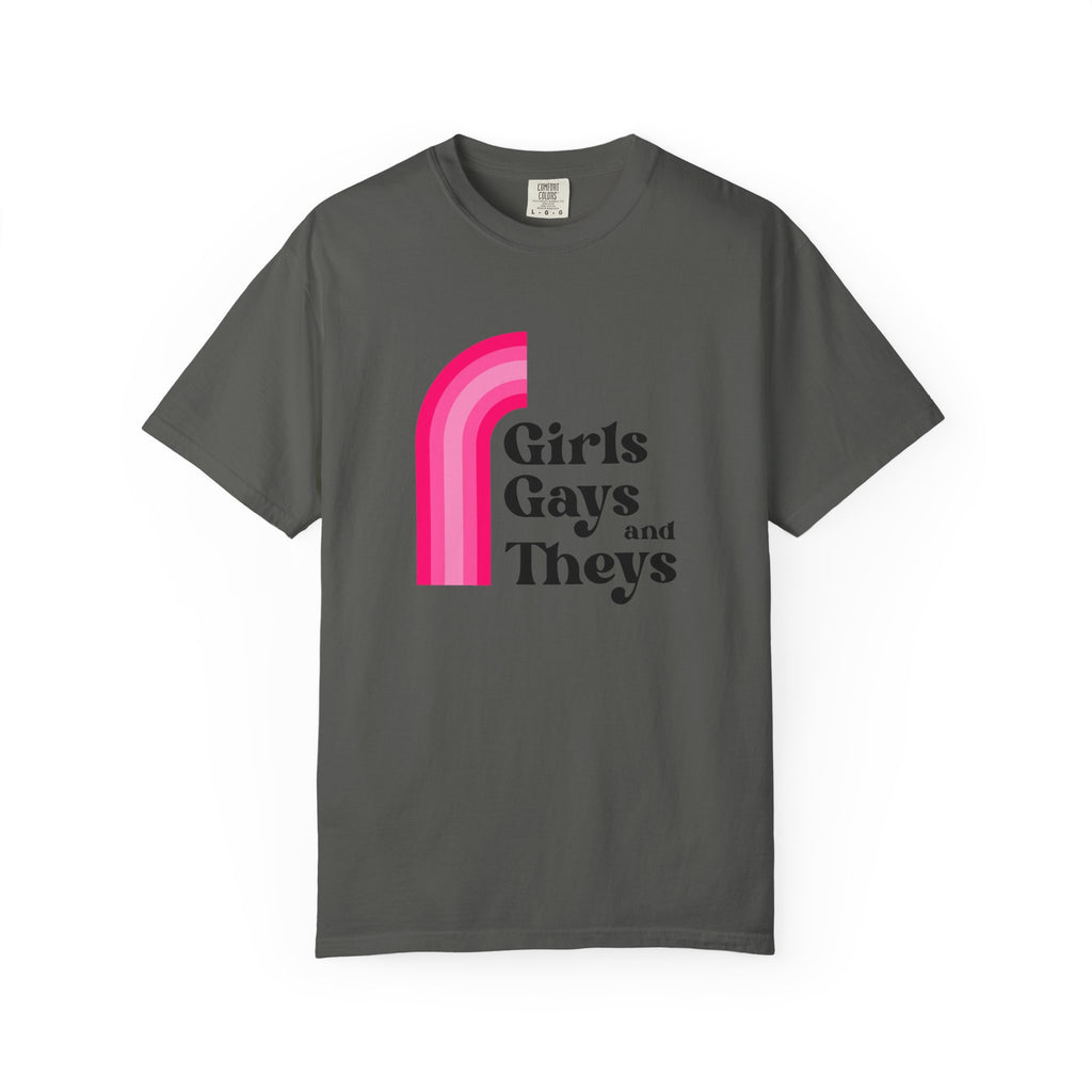 Girls, Gays & Theys T-Shirt — Pride Retro Pink Rainbow Tee