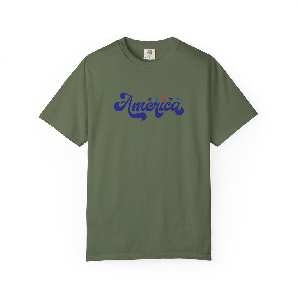 America Script T-Shirt — Patriotic Retro Stars Tee