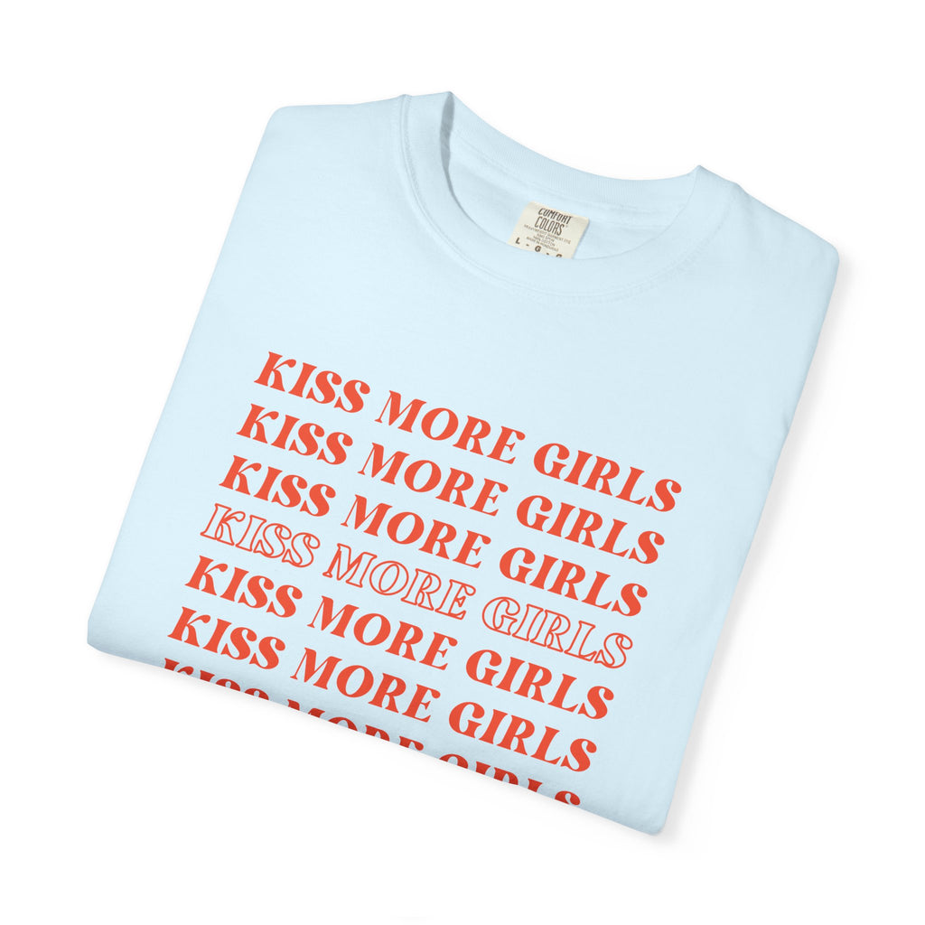 Kiss More Girls T‑Shirt — Retro Repeated Text Pride Tee
