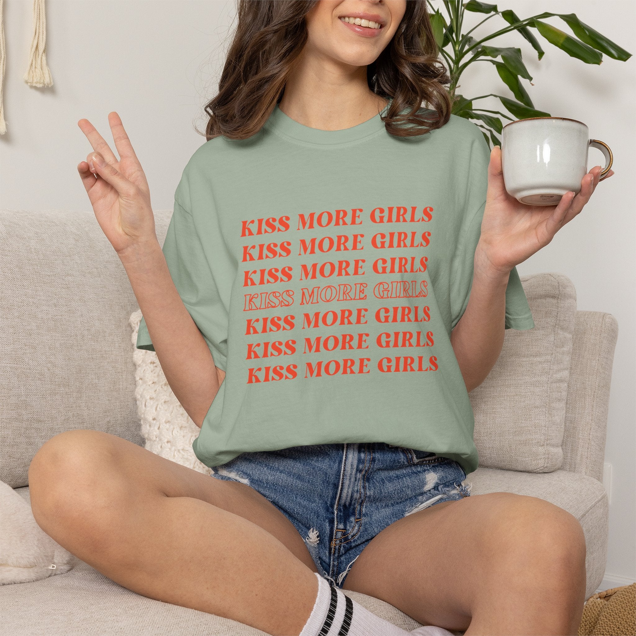 Kiss More Girls T‑Shirt — Retro Repeated Text Pride Tee