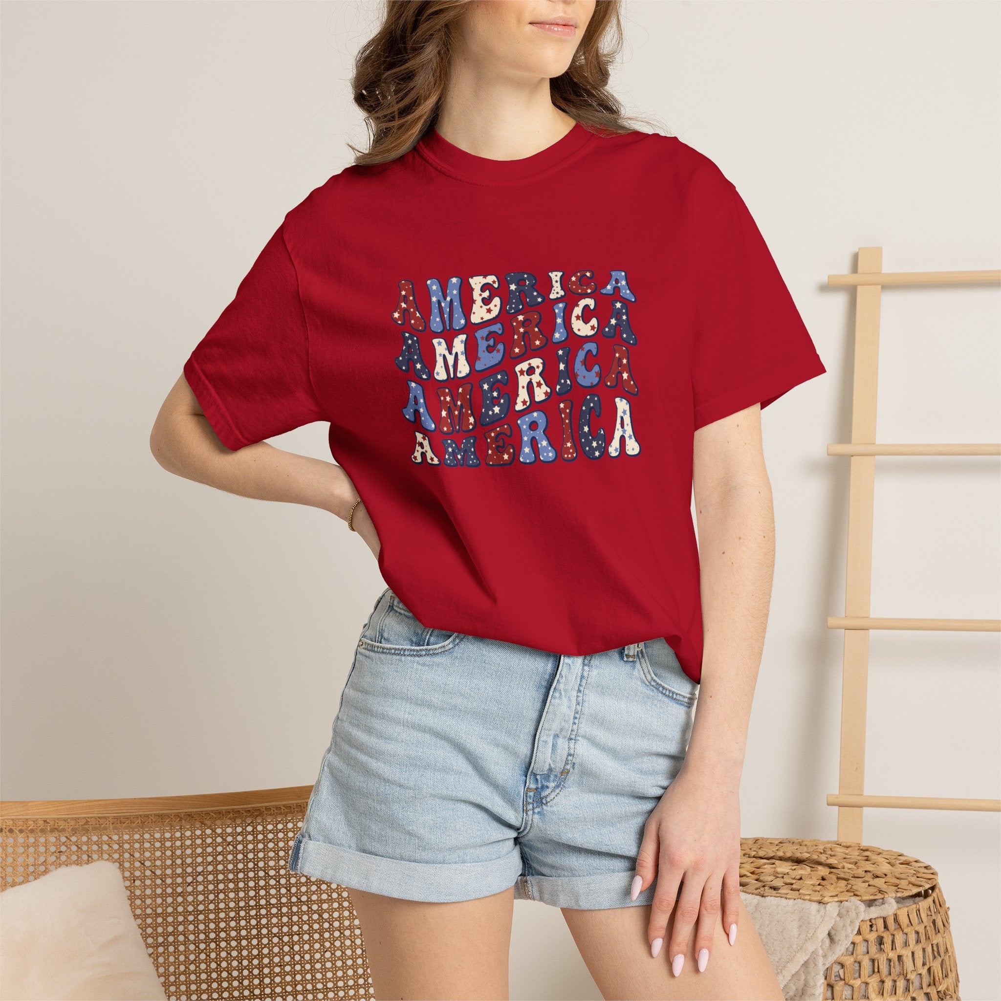 America Repeat Graphic T-Shirt — Retro Red & Blue Patriotic Tee